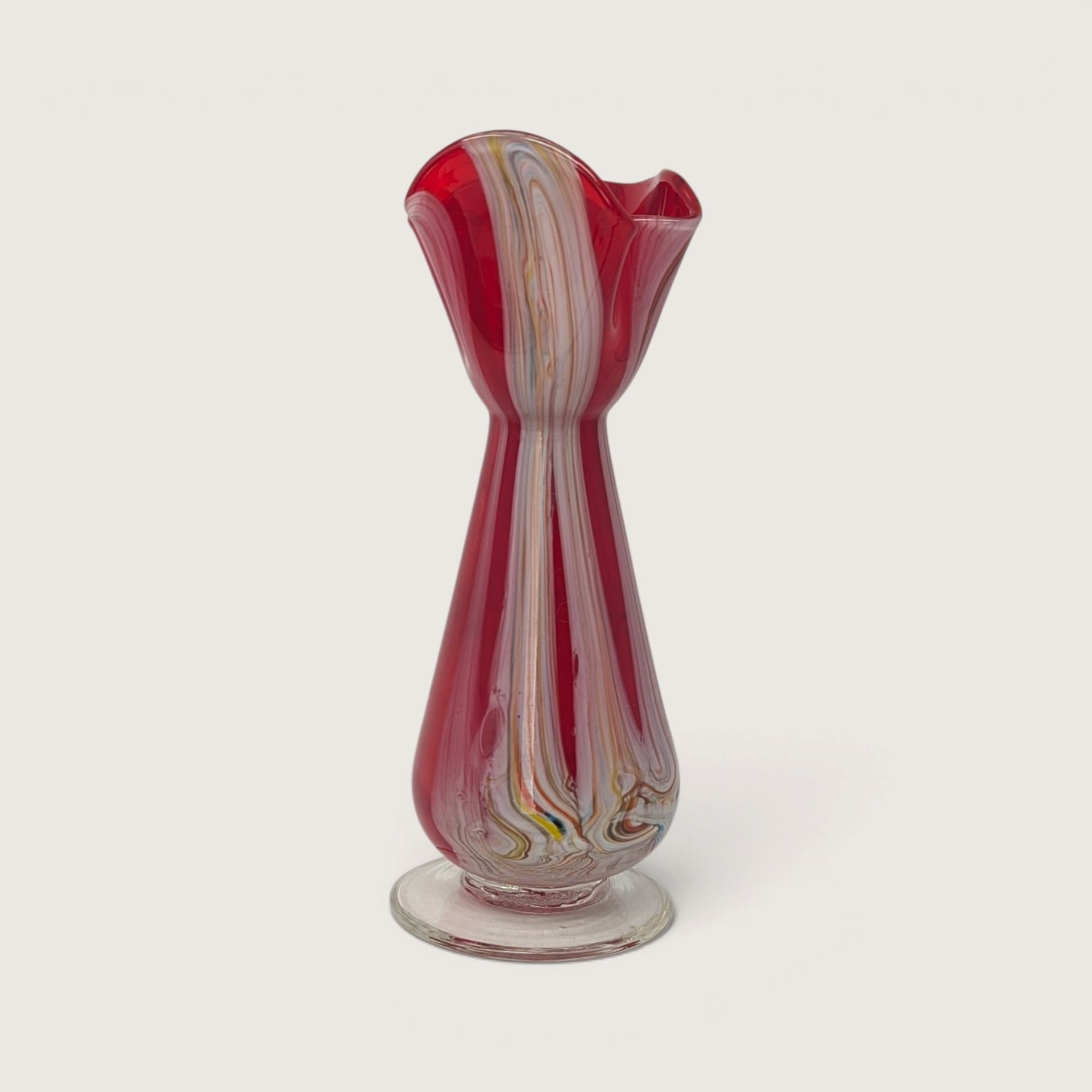 Vintage Red Swirl Glass Bud Vase Ruffled Rim Art Glass