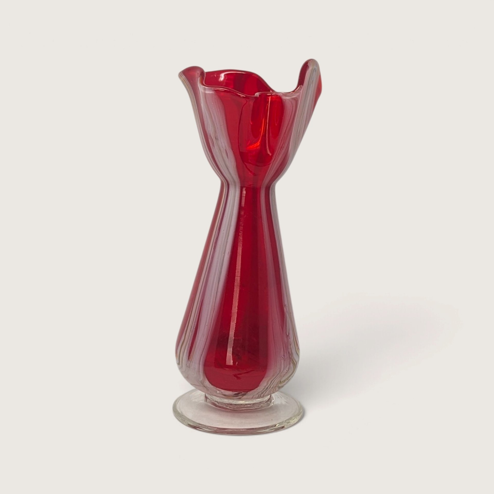 Vintage Red Swirl Glass Bud Vase Ruffled Rim Art Glass
