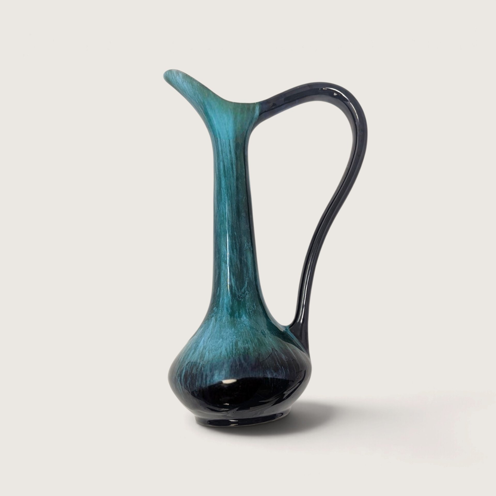 Vintage Blue Mountain Pottery Pitcher Vase Green Drip Glaze 12.5
