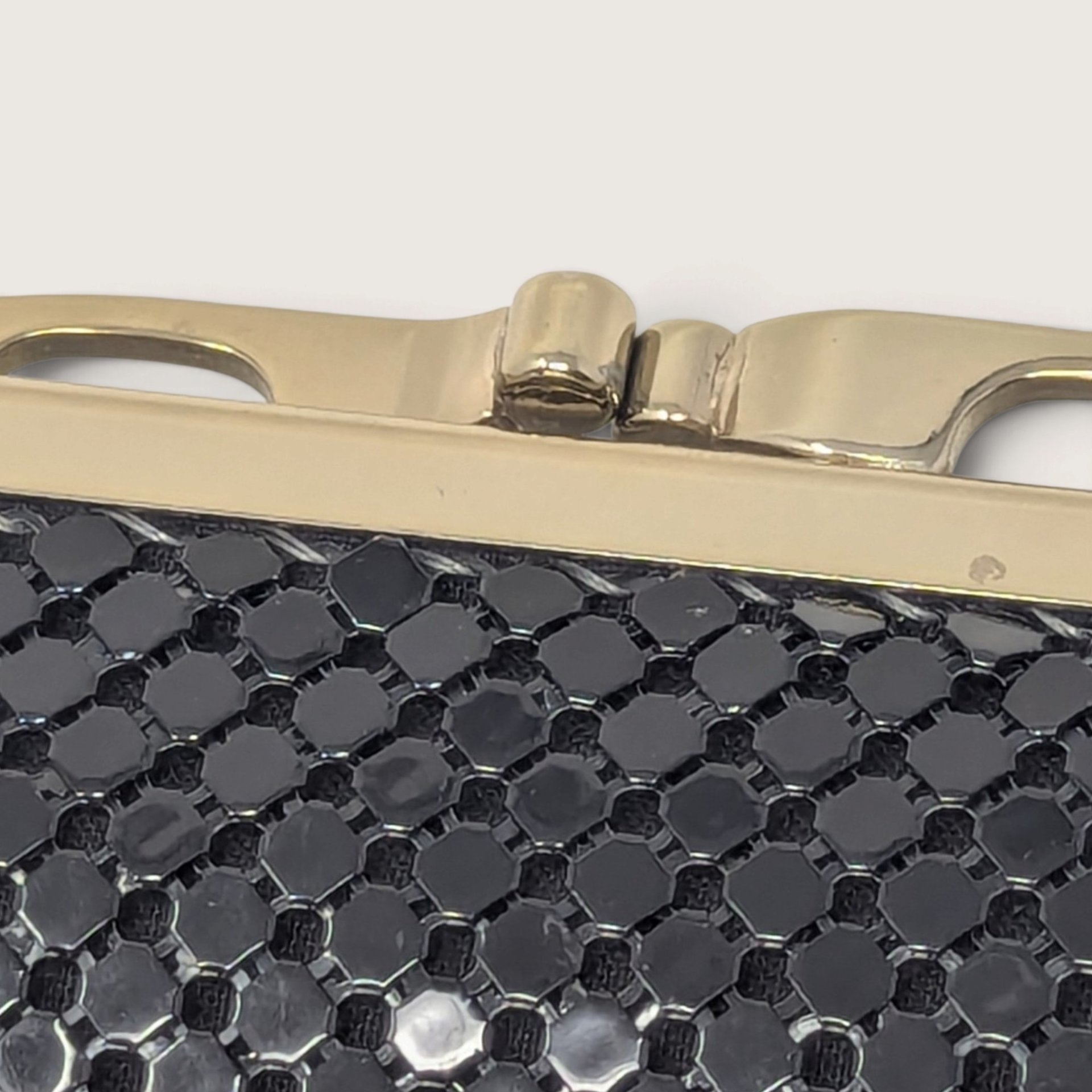 Vintage Whiting and Davis International Black Metal Mesh Clutch Kiss Lock Purse
