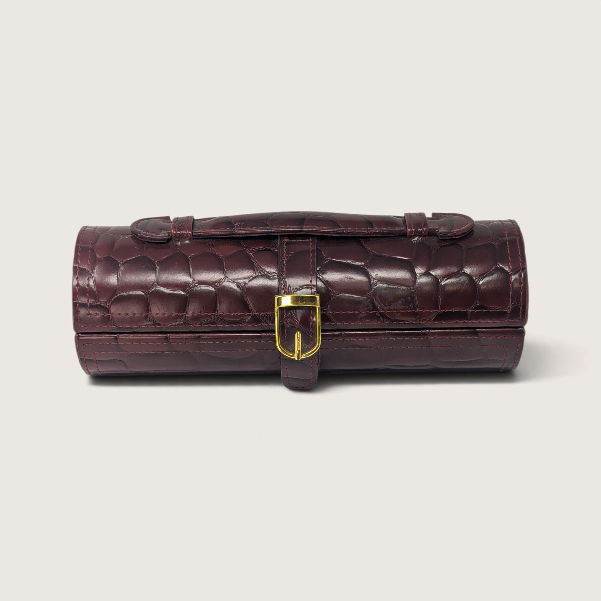 Vintage Burgundy Croc Embossed Travel Jewelry Box Case Roll Ring Organizer Handle