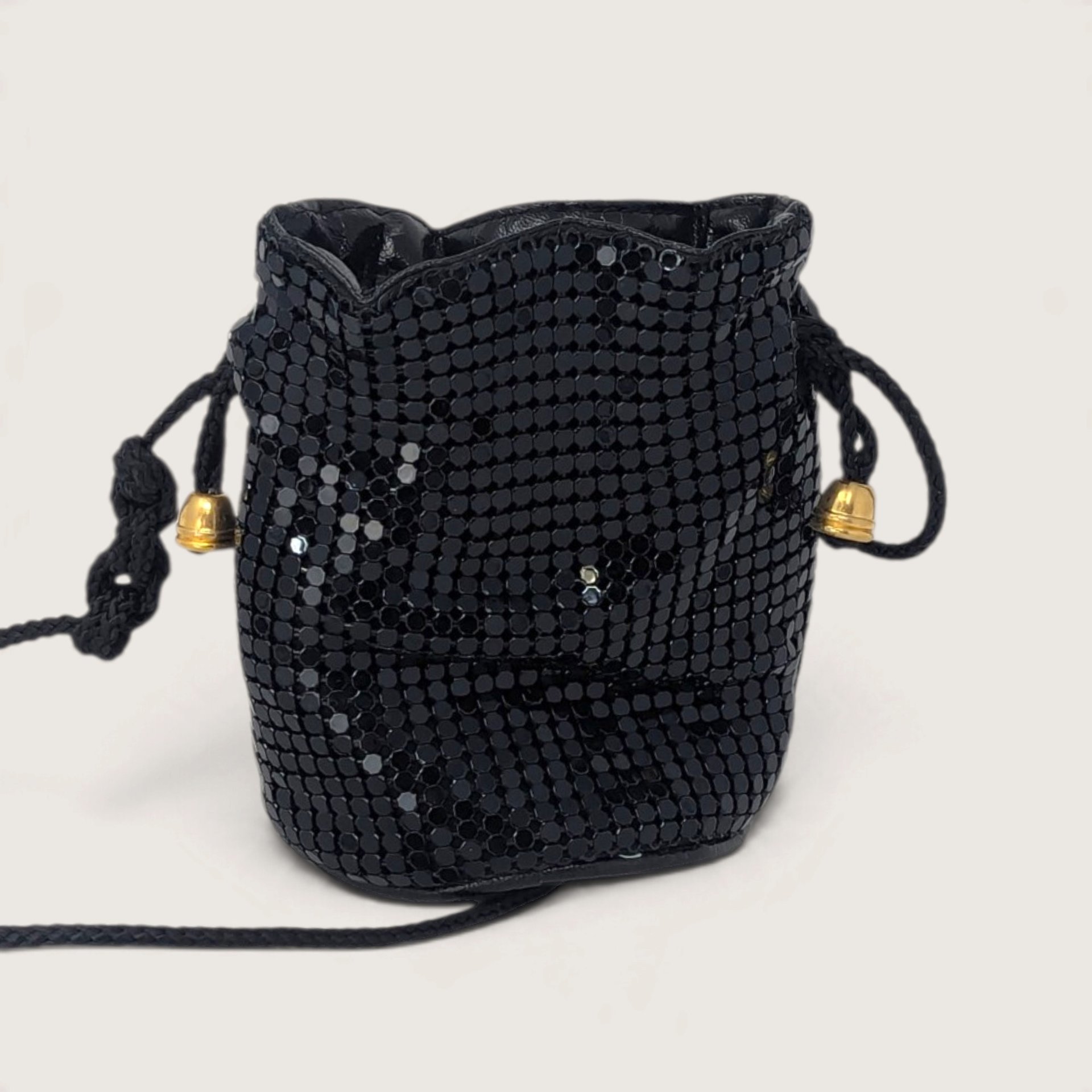 Vintage Black Metal Mesh Drawstring Pouch Bag 