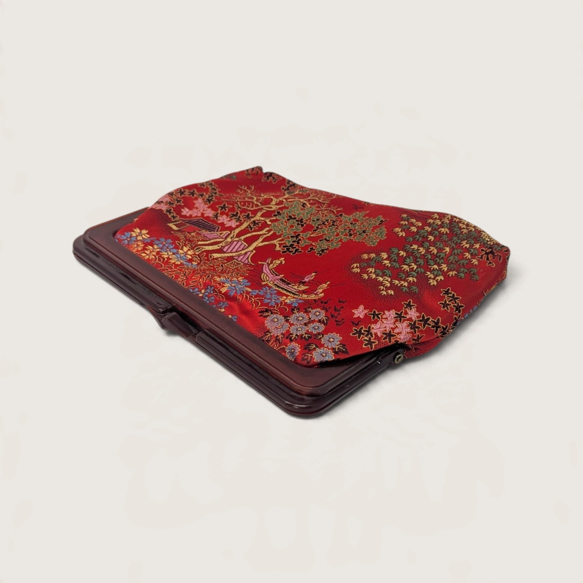 Vintage Red Silk Brocade Asian Motif Clutch Purse Amber Lucite Kiss Lock Frame