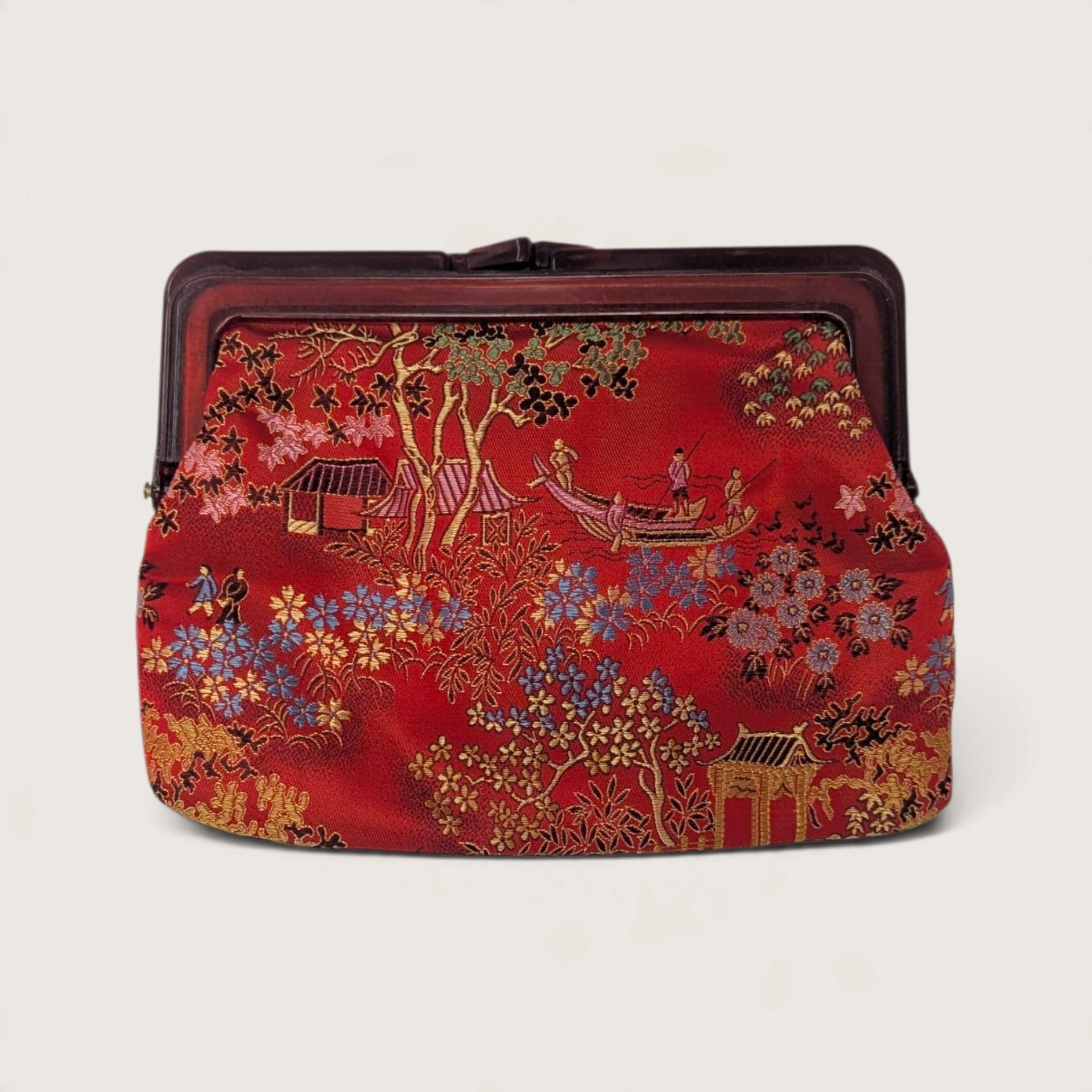 Vintage Red Silk Brocade Asian Motif Clutch Purse Amber Lucite Kiss Lock Frame
