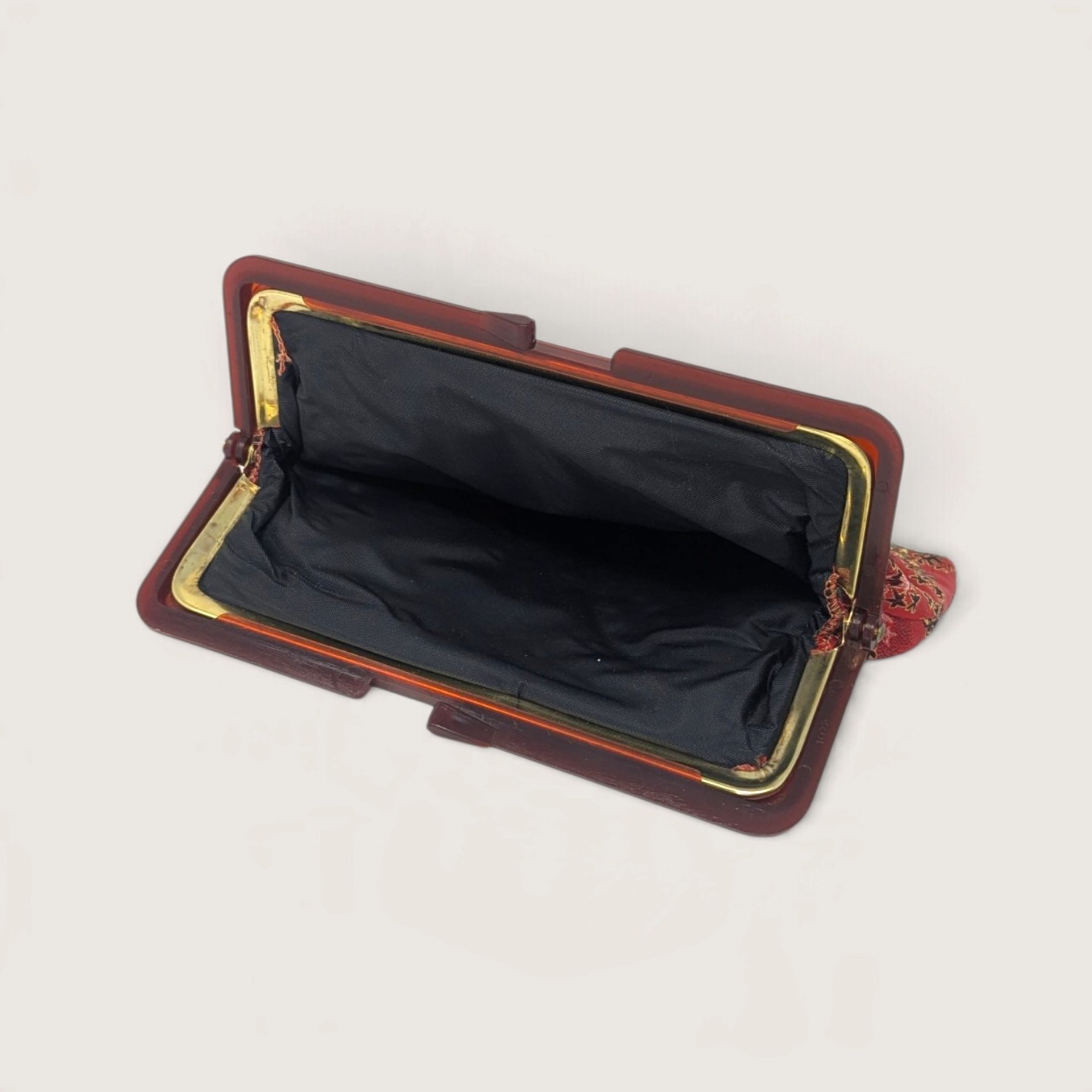 Vintage Red Silk Brocade Asian Motif Clutch Purse Amber Lucite Kiss Lock Frame