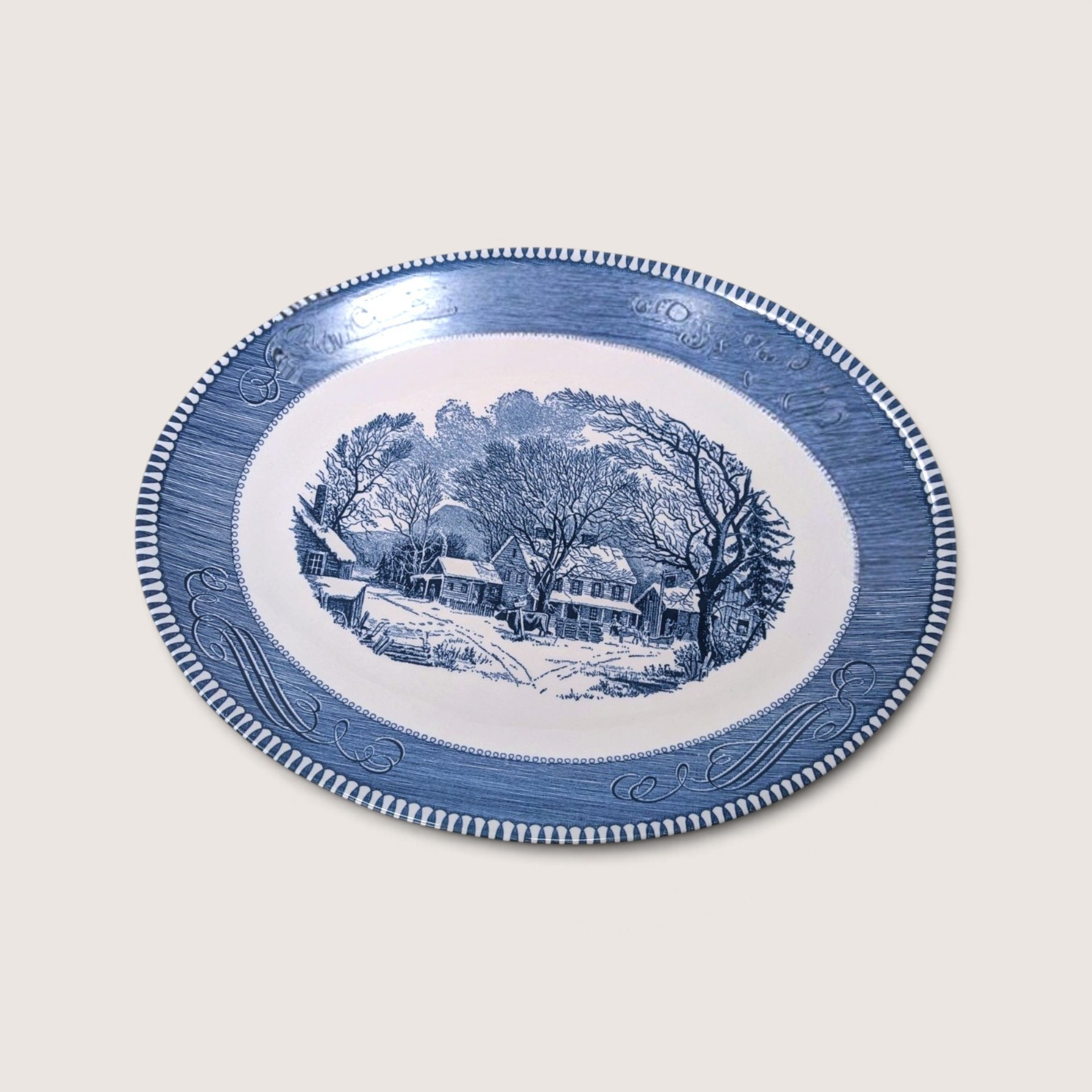 Vintage Currier and Ives Old Inn Winter Oval Serving Platter 