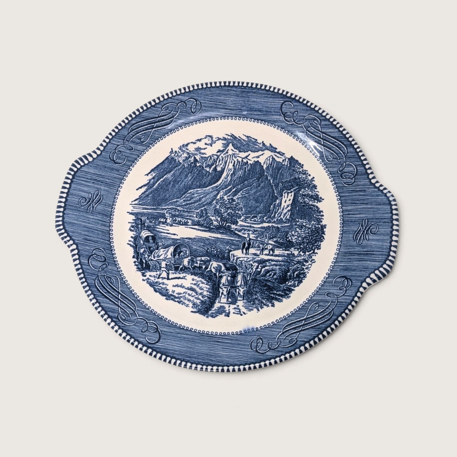 Vintage Royal China Currier and Ives Rocky Mountains Tab Handled Cake Plate 