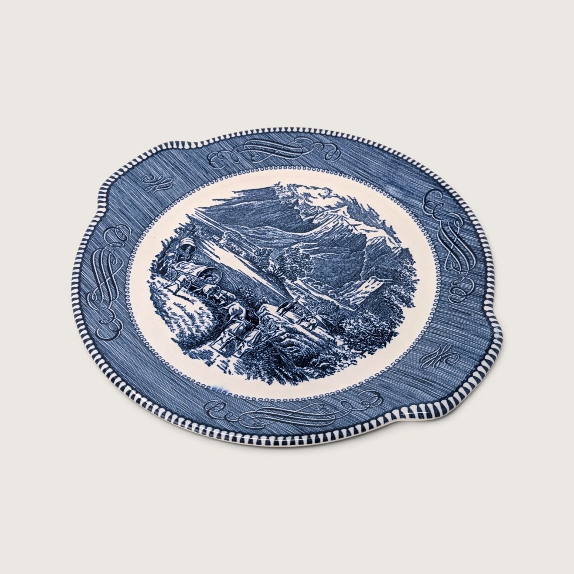 Vintage Royal China Currier and Ives Rocky Mountains Tab Handled Cake Plate 