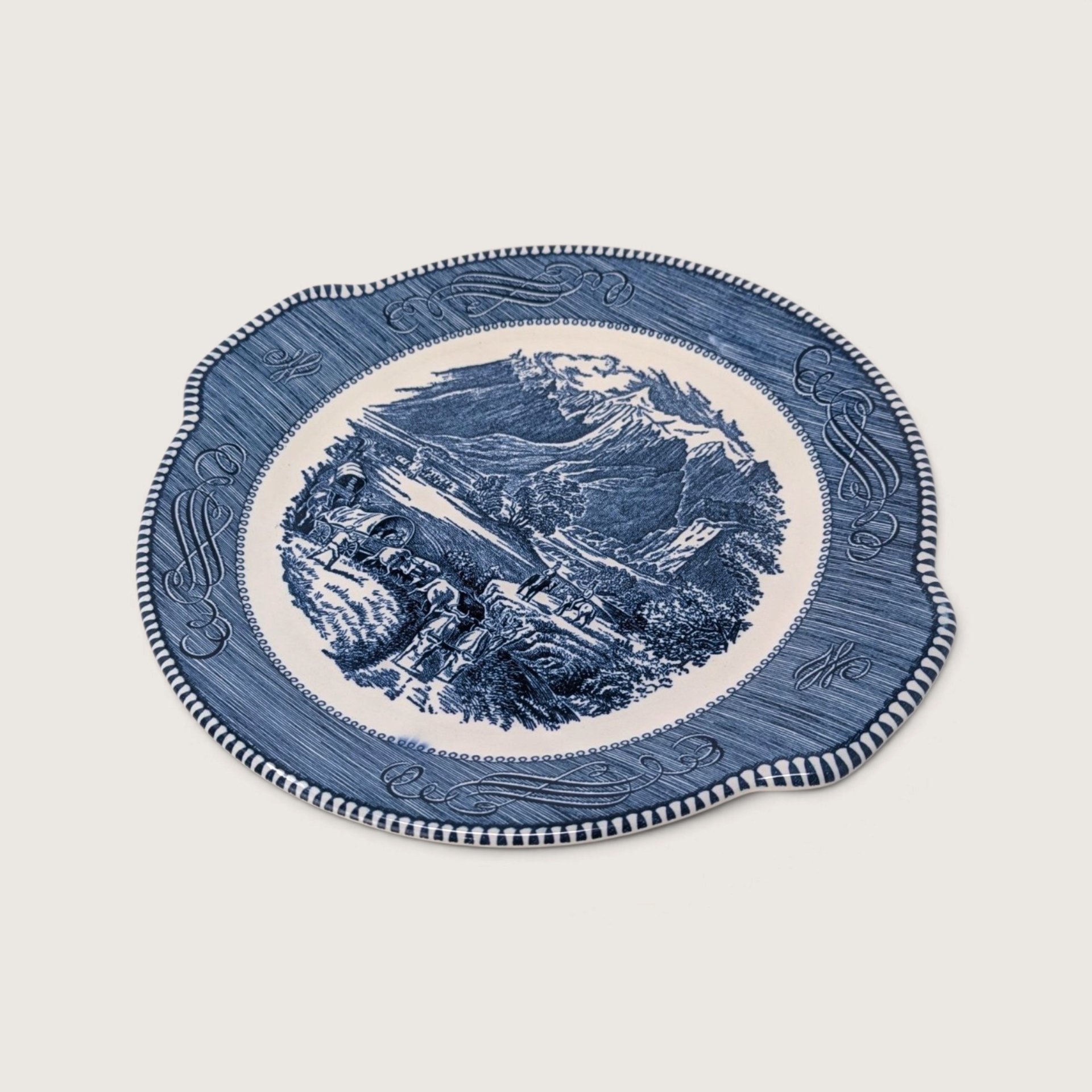 Vintage Royal China Currier and Ives Rocky Mountains Tab Handled Cake Plate 