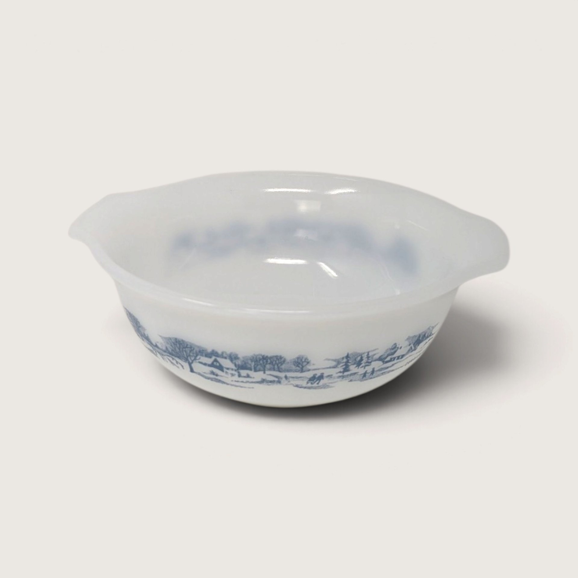 Vintage Glasbake Currier and Ives Milk Glass Round Casserole Serving Dish 