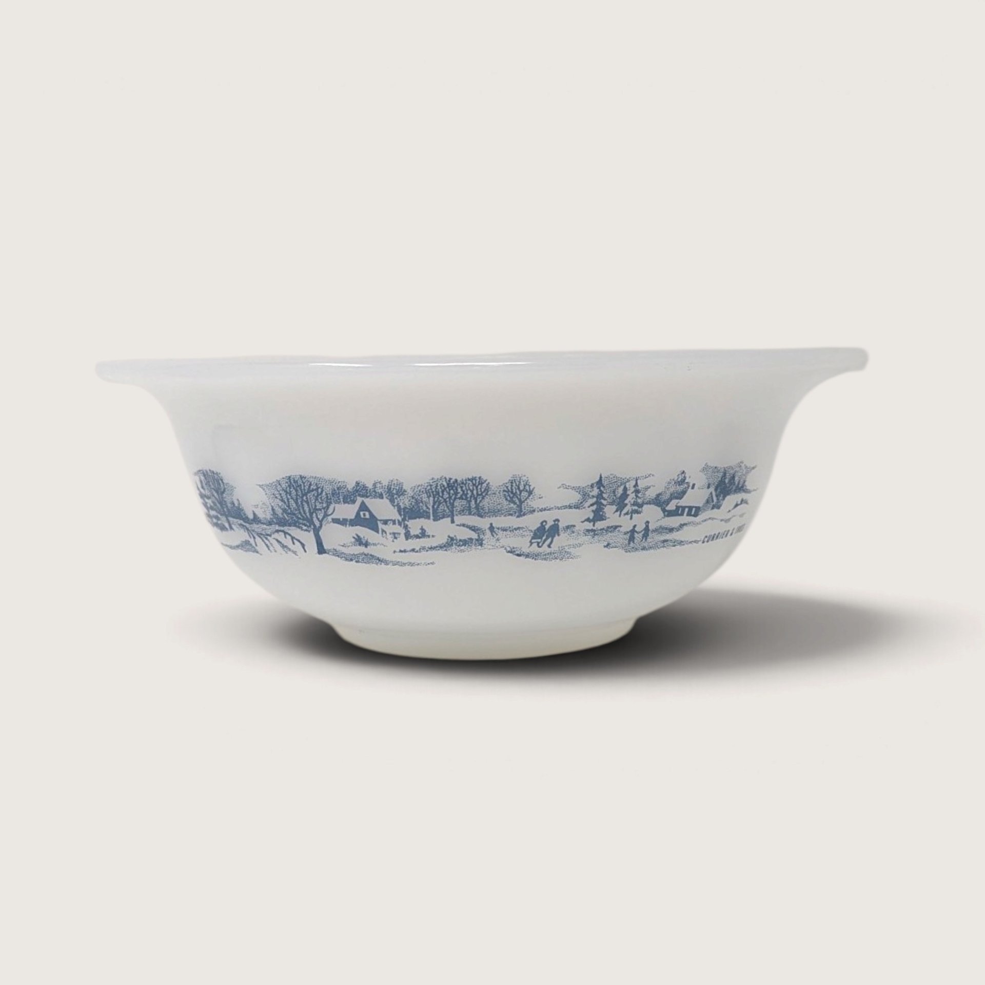 Vintage Glasbake Currier and Ives Milk Glass Round Casserole Serving Dish 