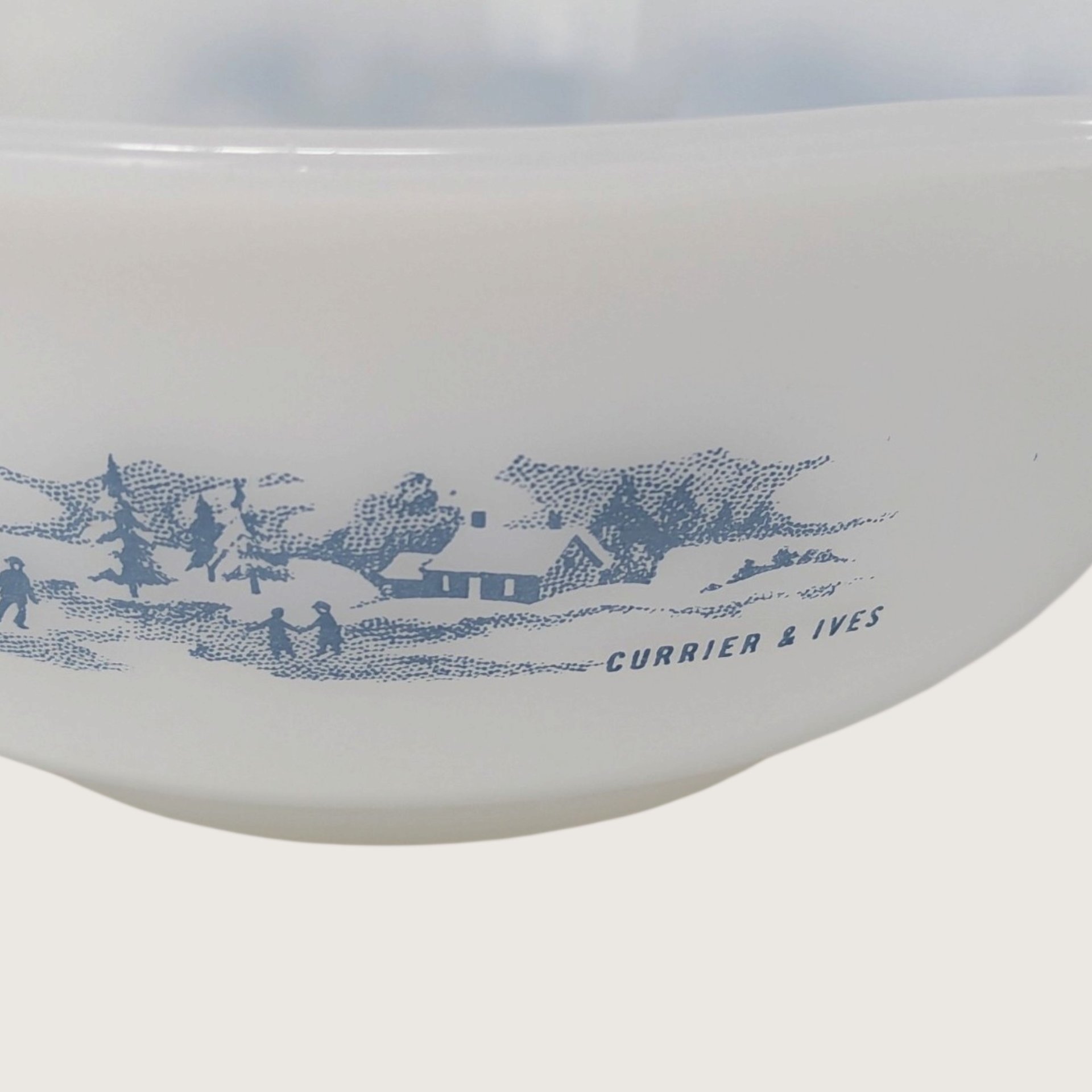 Vintage Glasbake Currier and Ives Milk Glass Round Casserole Serving Dish 