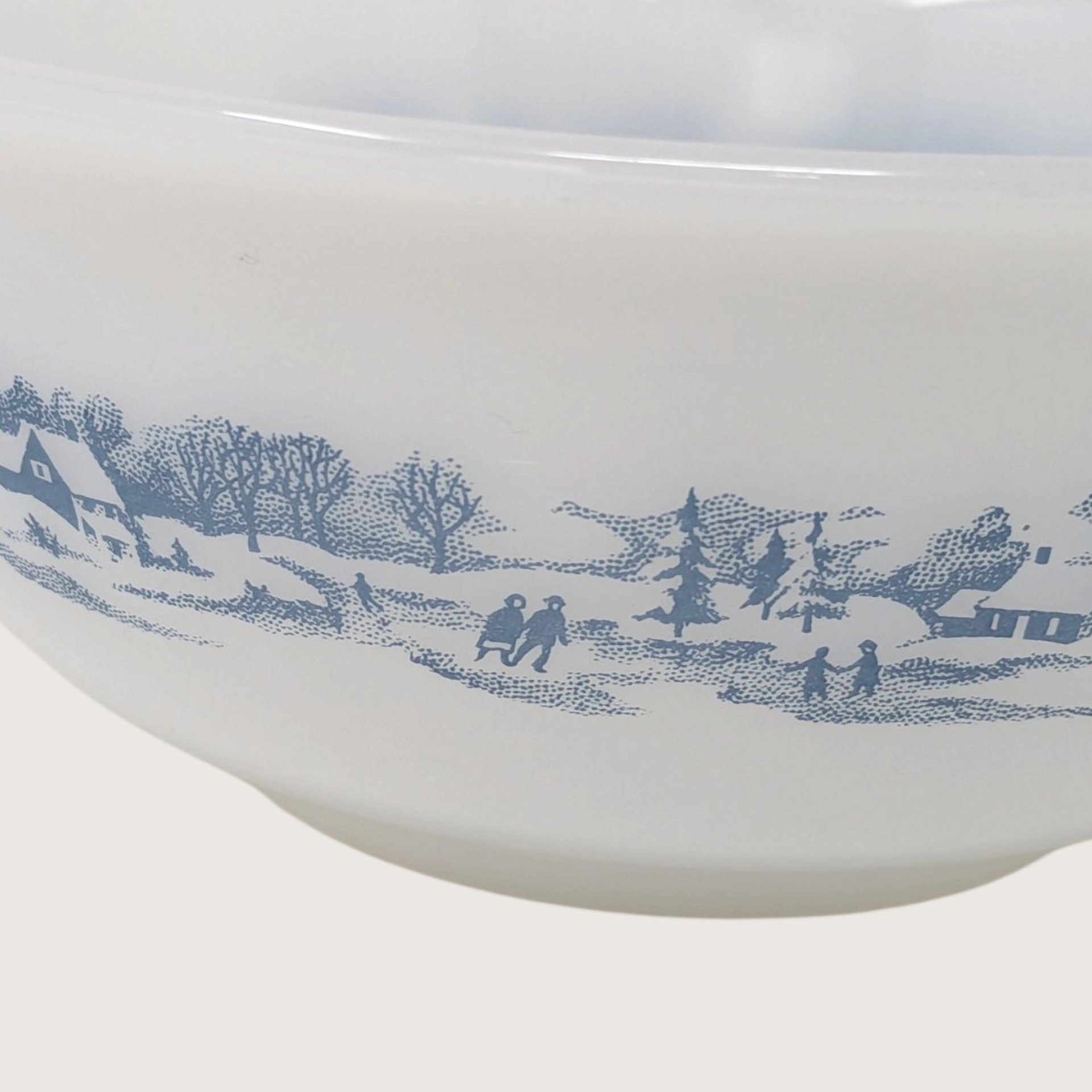 Vintage Glasbake Currier and Ives Milk Glass Round Casserole Serving Dish 