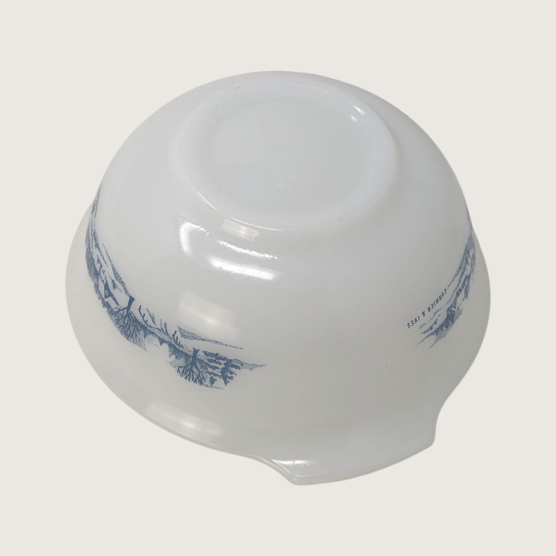 Vintage Glasbake Currier and Ives Milk Glass Round Casserole Serving Dish 