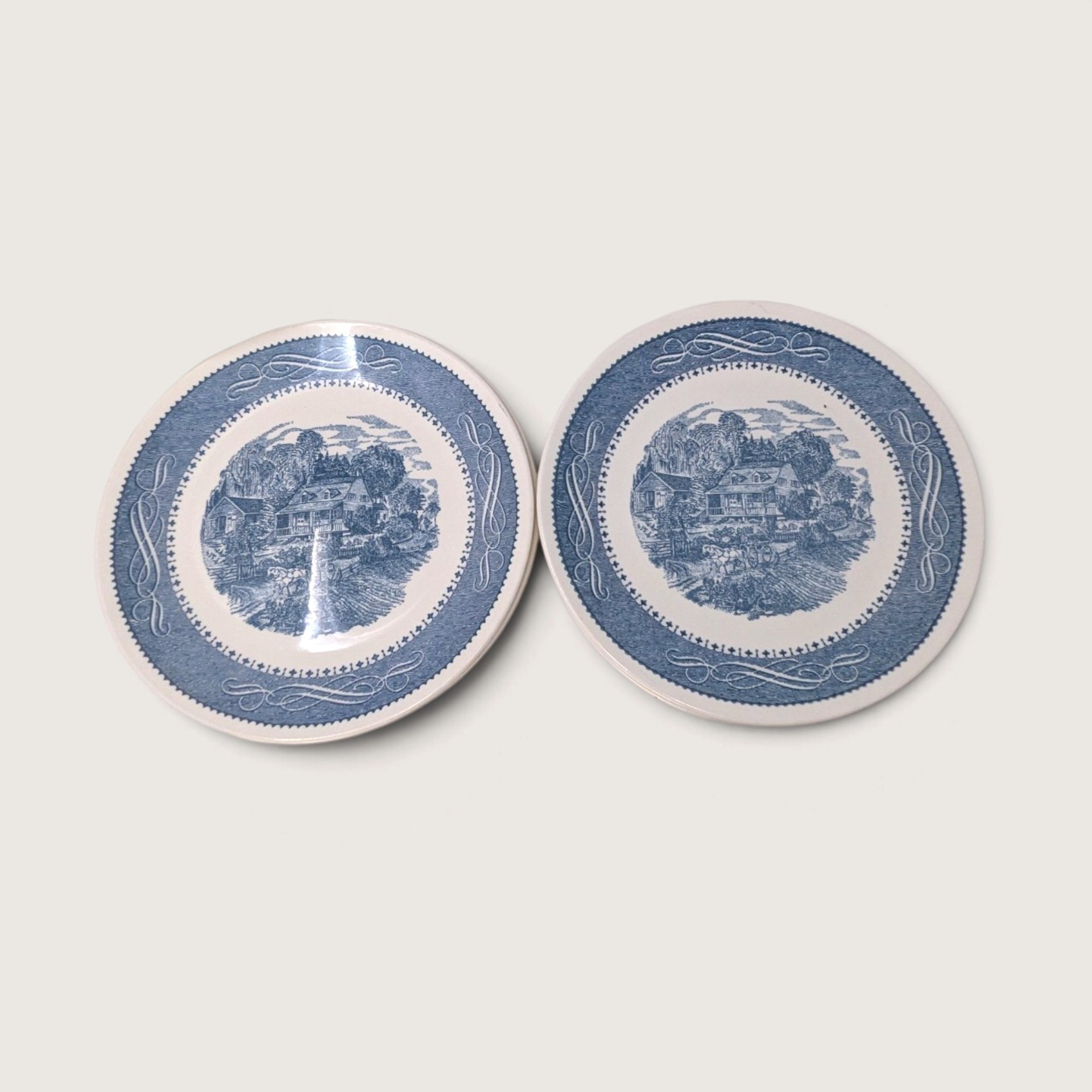 Vintage Currier and Ives Blue Dinner Plates Set of 4 Transferware
