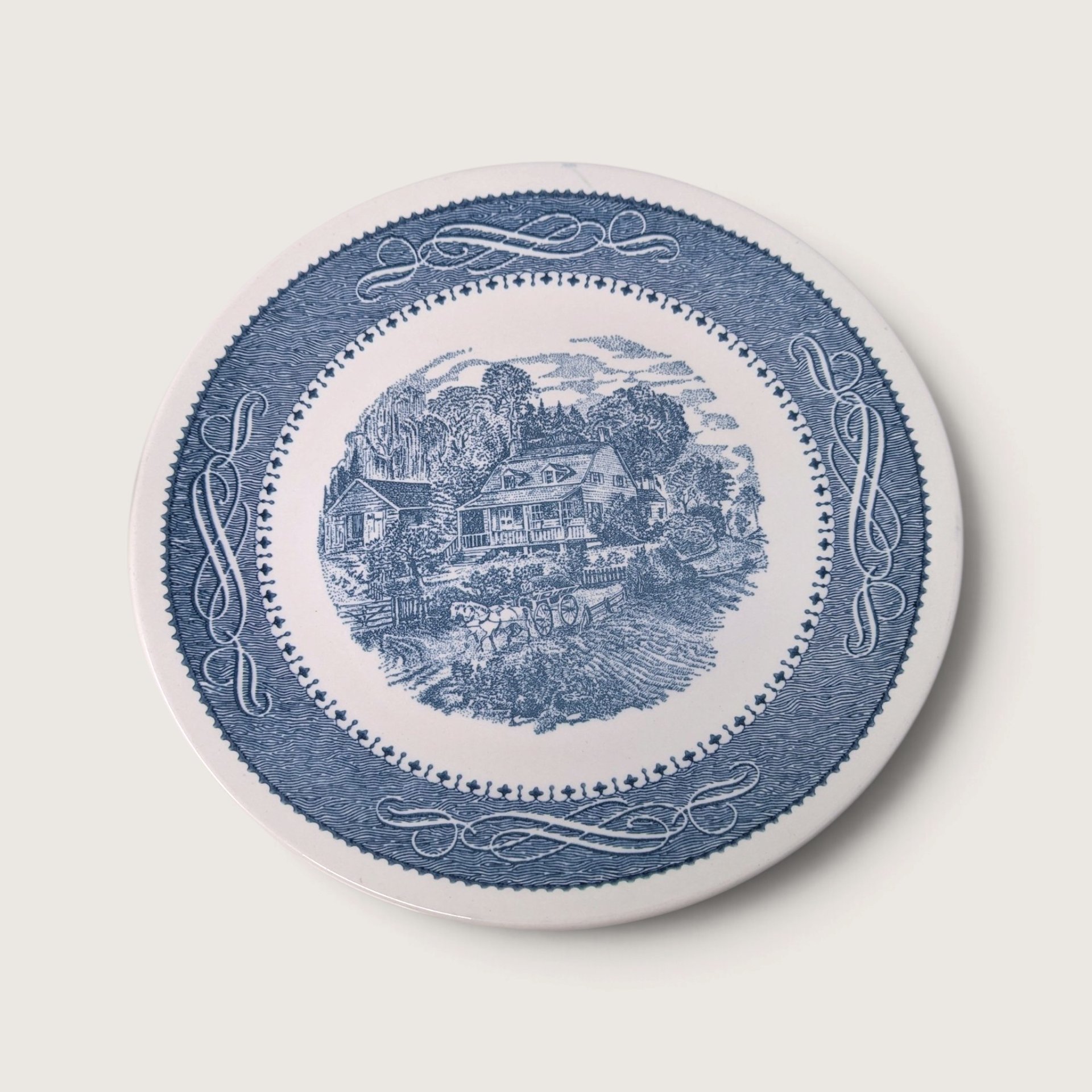 Vintage Currier and Ives Blue Dinner Plates Set of 4 Transferware