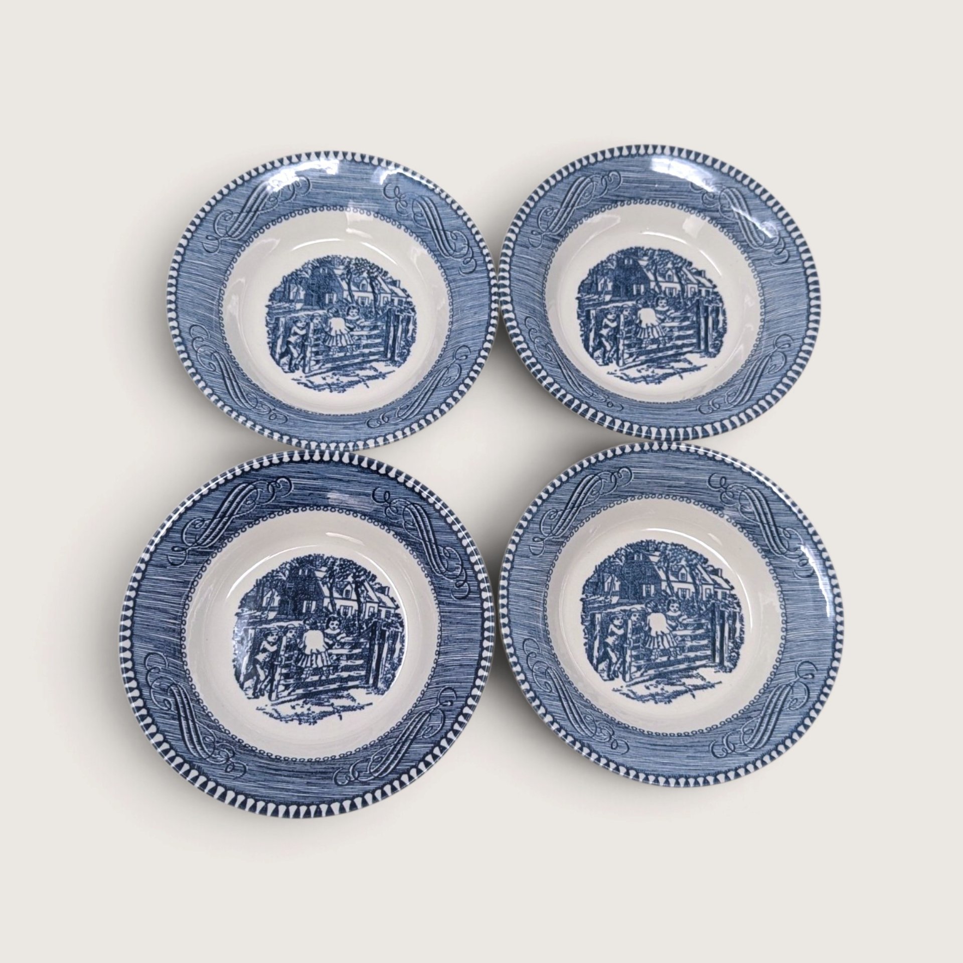 Vintage Currier and Ives Old Farm Gate Berry Bowls Set of 4 Dessert Dishes