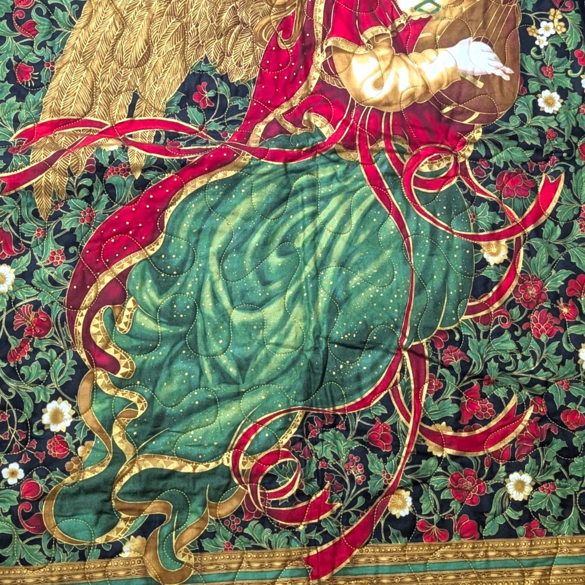 Vintage Quilted Christmas Angel Wall Hanging Renaissance Gold Border