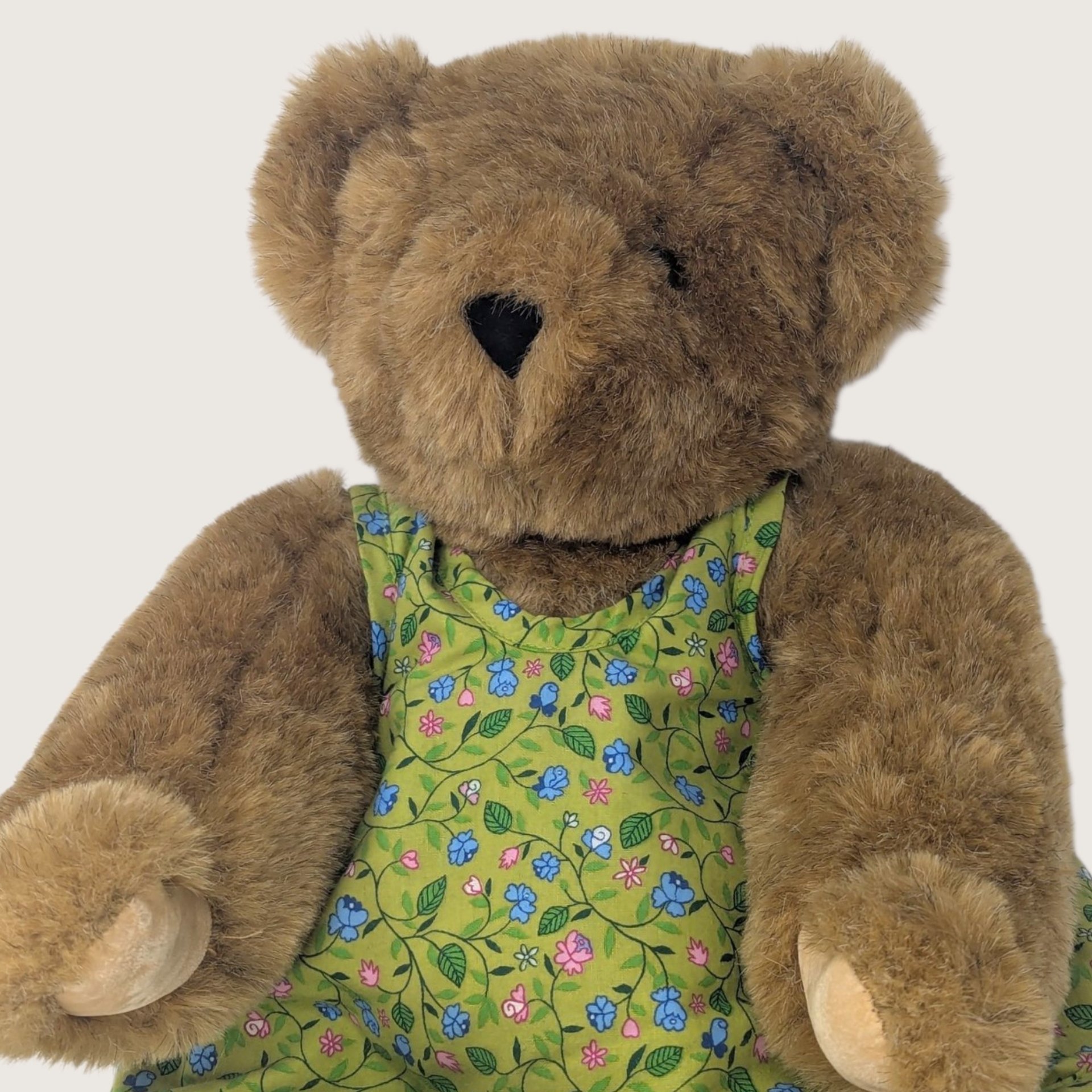 Vintage Vermont Teddy Bear Jointed Plush Girl Bear Green Floral Dress 