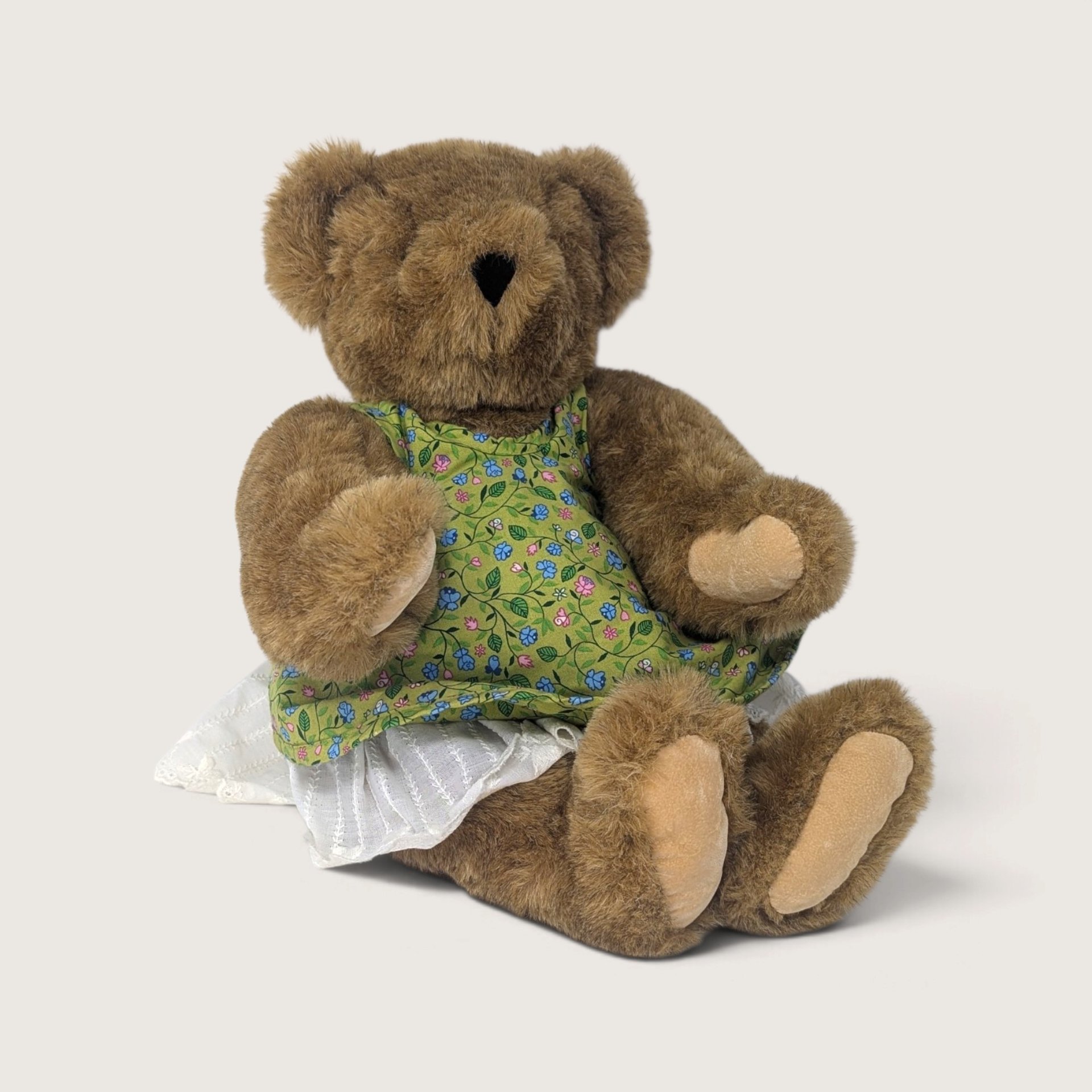 Vintage Vermont Teddy Bear Jointed Plush Girl Bear Green Floral Dress 