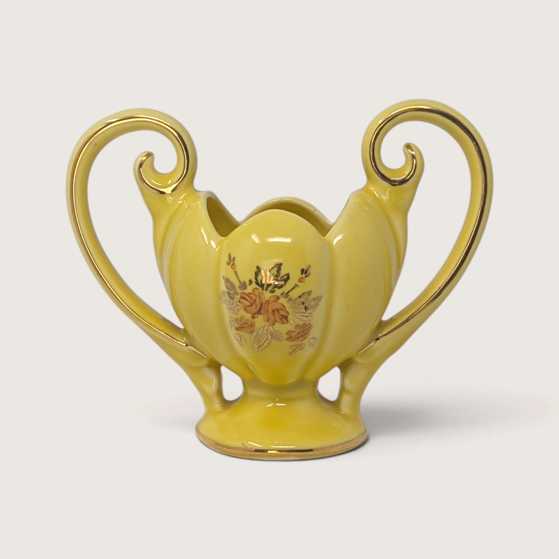 Vintage bright yellow ceramic double-handled planter vase with scalloped rim, 22kt gold trim, and floral motif.   