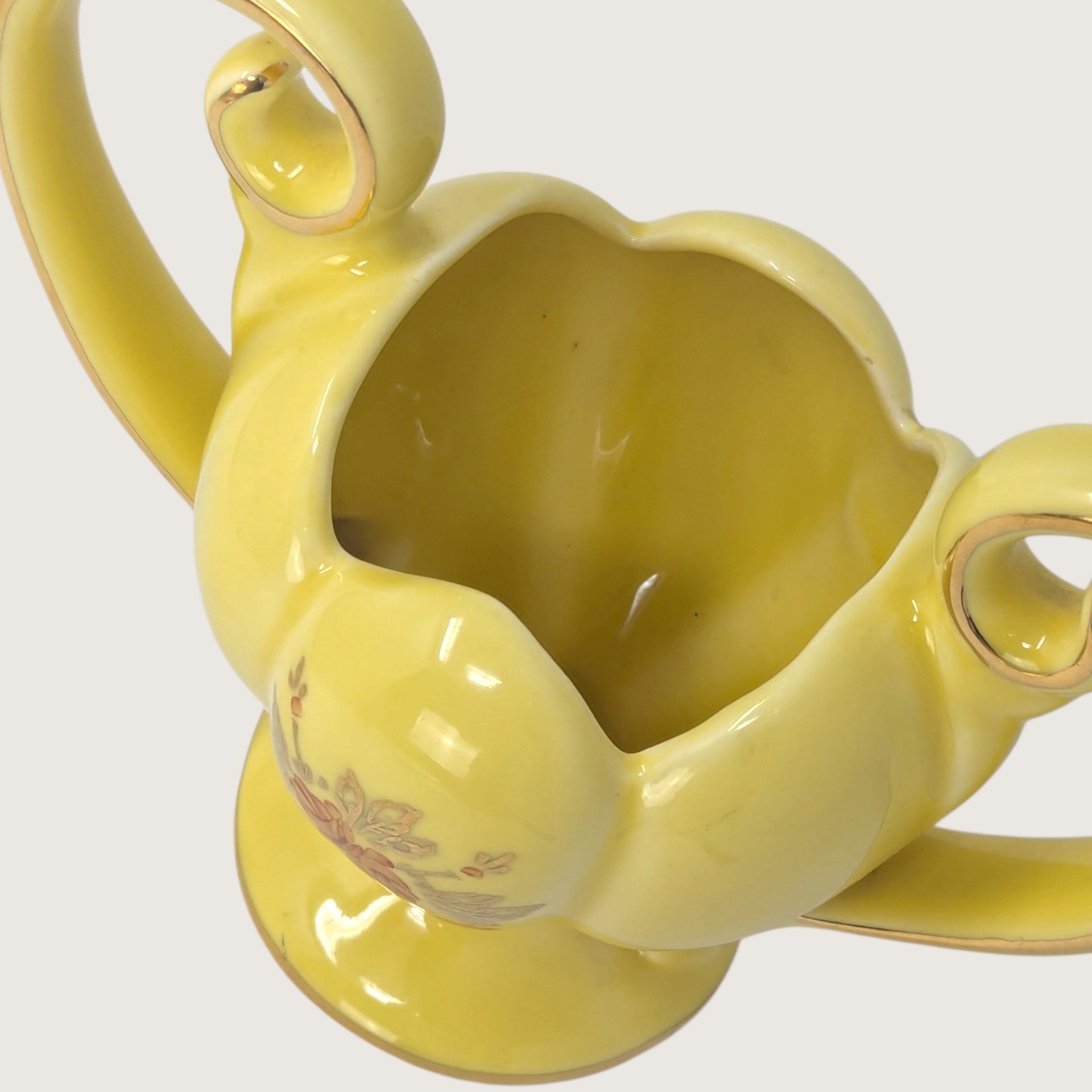 Vintage Yellow Ceramic Planter Vase 22kt Gold Trim Nor So Floral