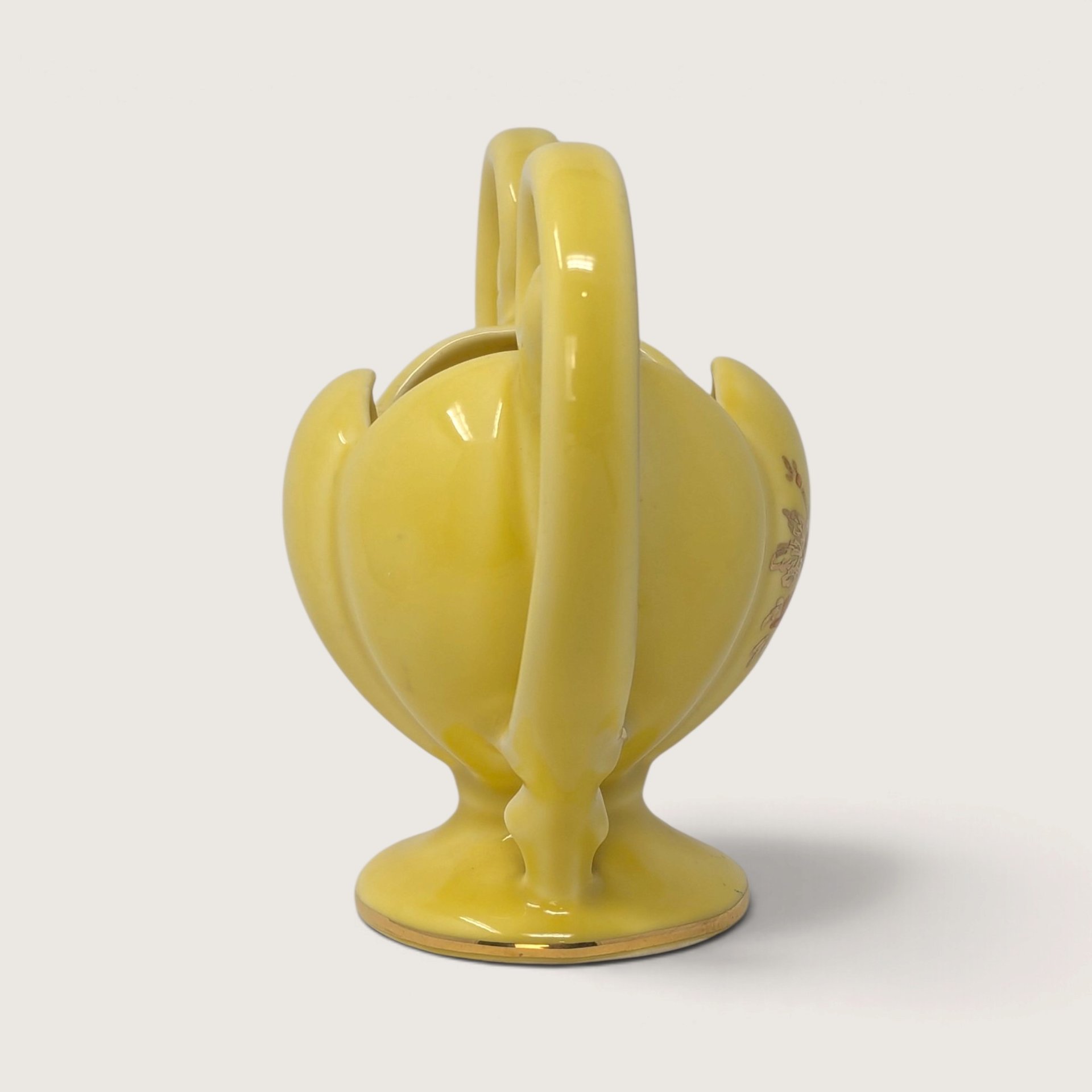 Vintage Yellow Ceramic Planter Vase 22kt Gold Trim Nor So Floral