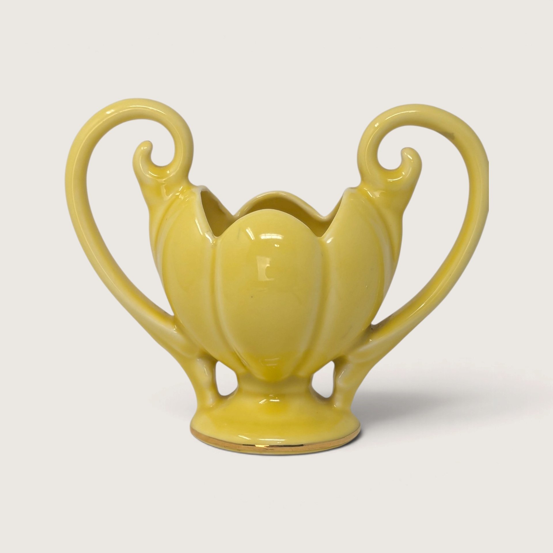 Vintage Yellow Ceramic Planter Vase 22kt Gold Trim Nor So Floral