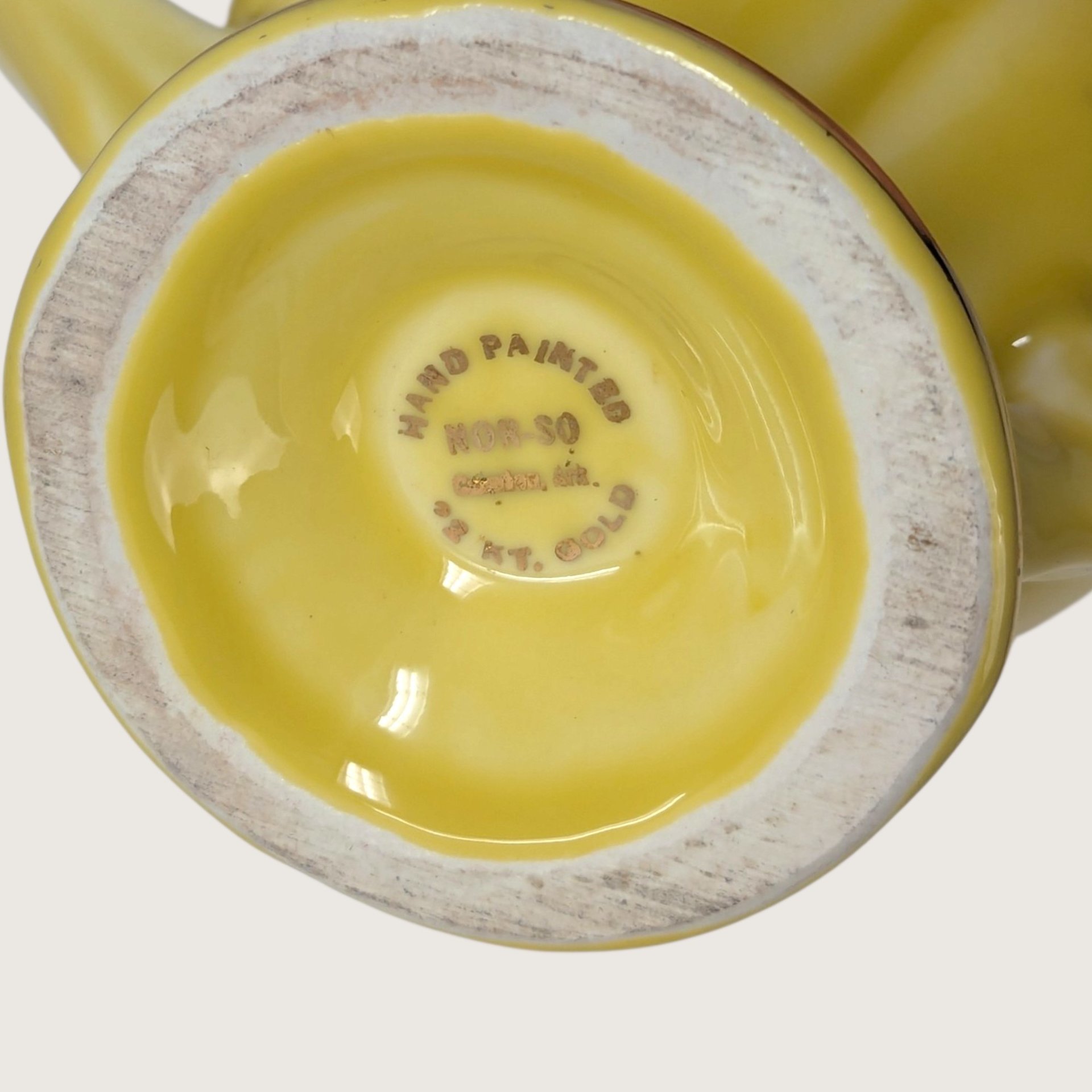 Vintage Yellow Ceramic Planter Vase 22kt Gold Trim Nor So Floral