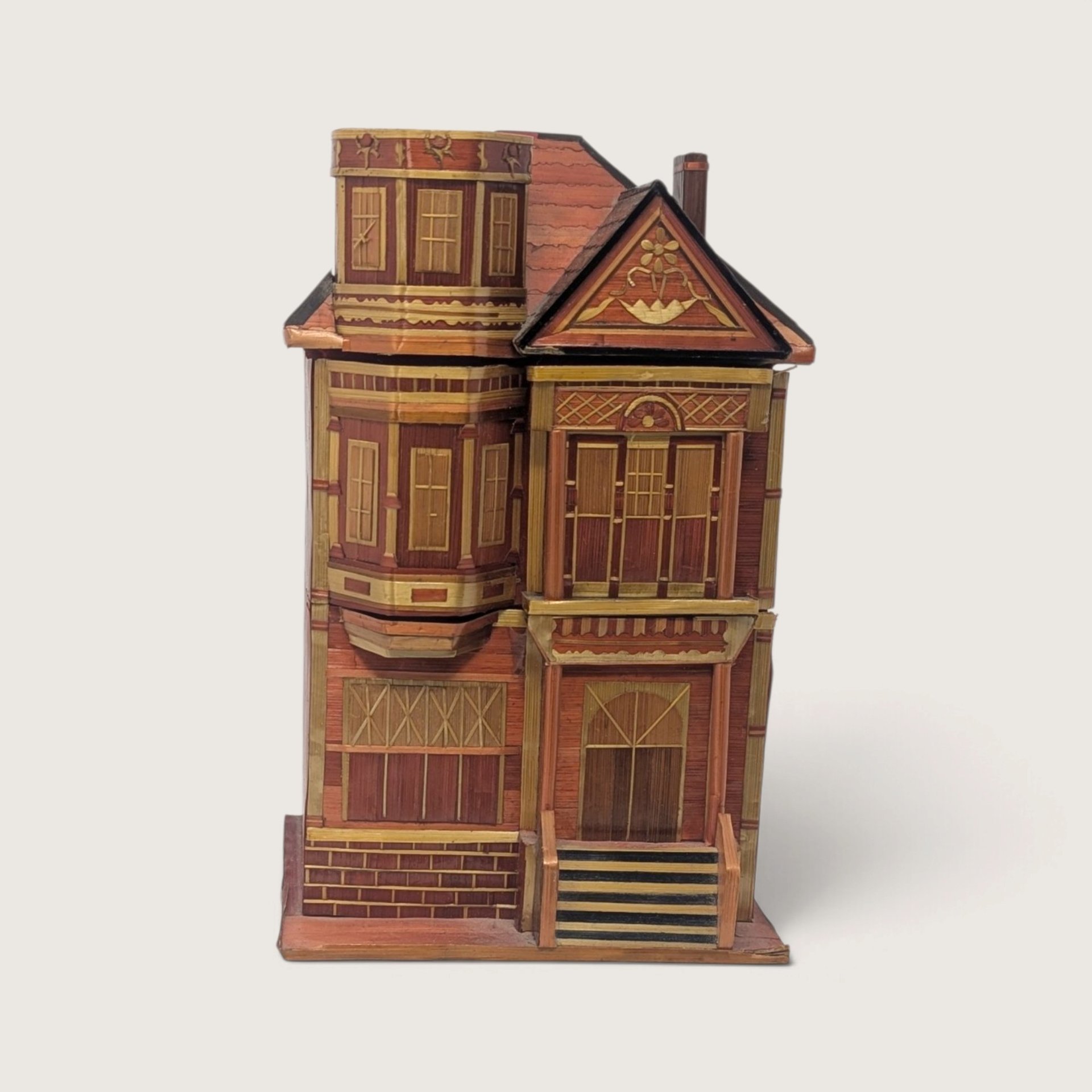 Vintage handcrafted straw marquetry wooden trinket box shaped like a multi-story Victorian Painted Lady house.   