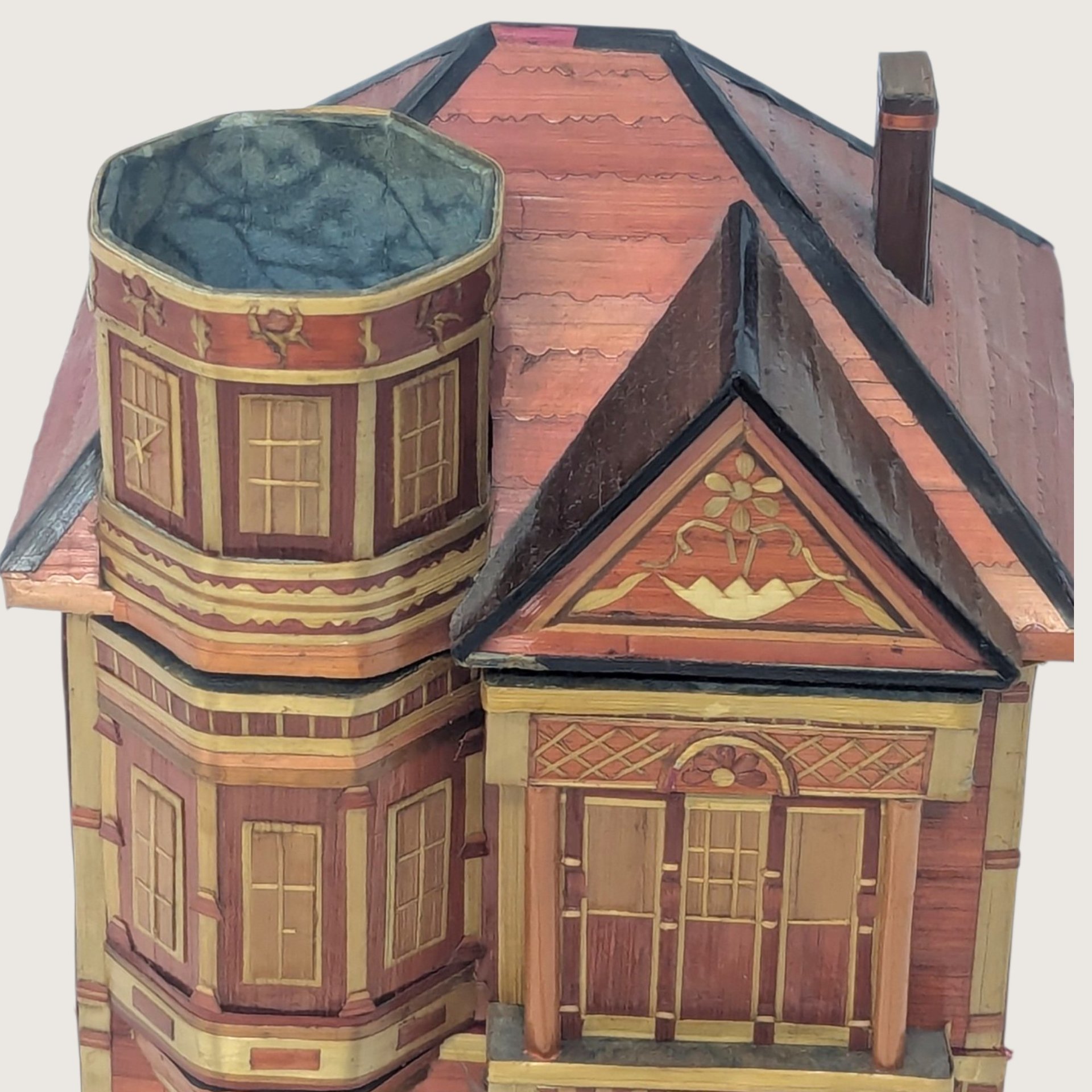 Vintage Straw Marquetry Wood Victorian House Trinket Box 2 Drawer