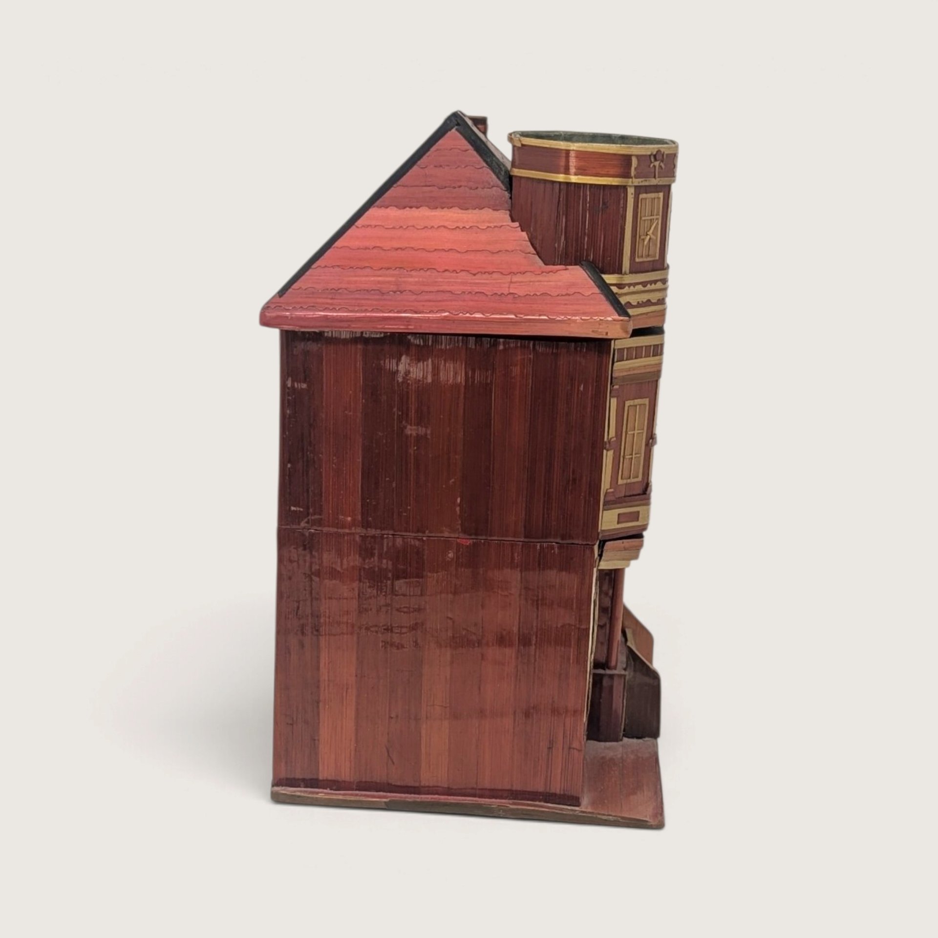 Vintage Straw Marquetry Wood Victorian House Trinket Box 2 Drawer