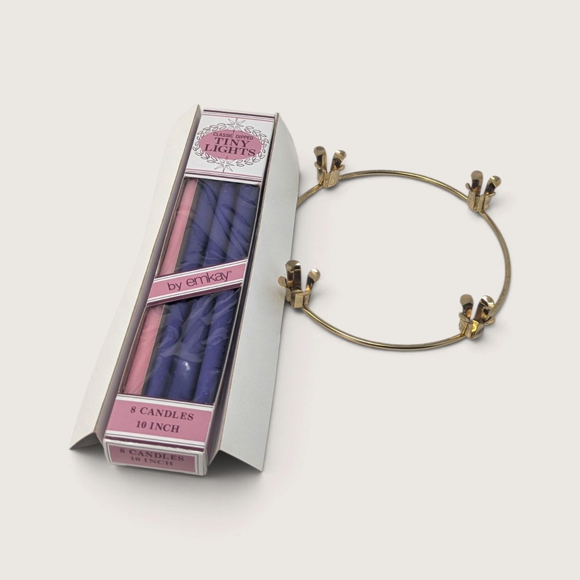 Vintage Emkay The Advent Wreath boxed set with a gold-tone metal ring and a package of eight 10-inch taper candles.   