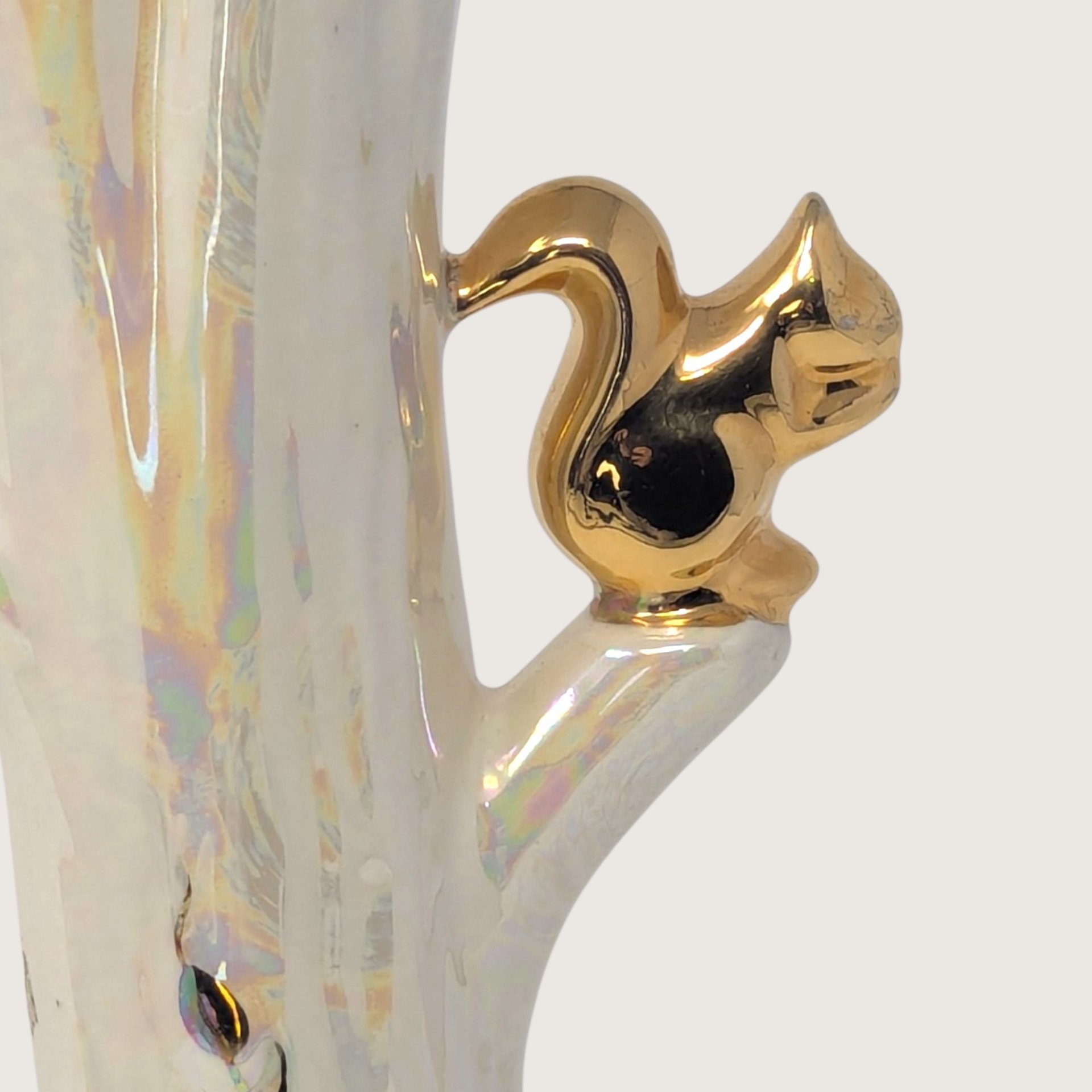 Vintage Iridescent Lusterware Tree Trunk Bud Vase with Gold Squirrel