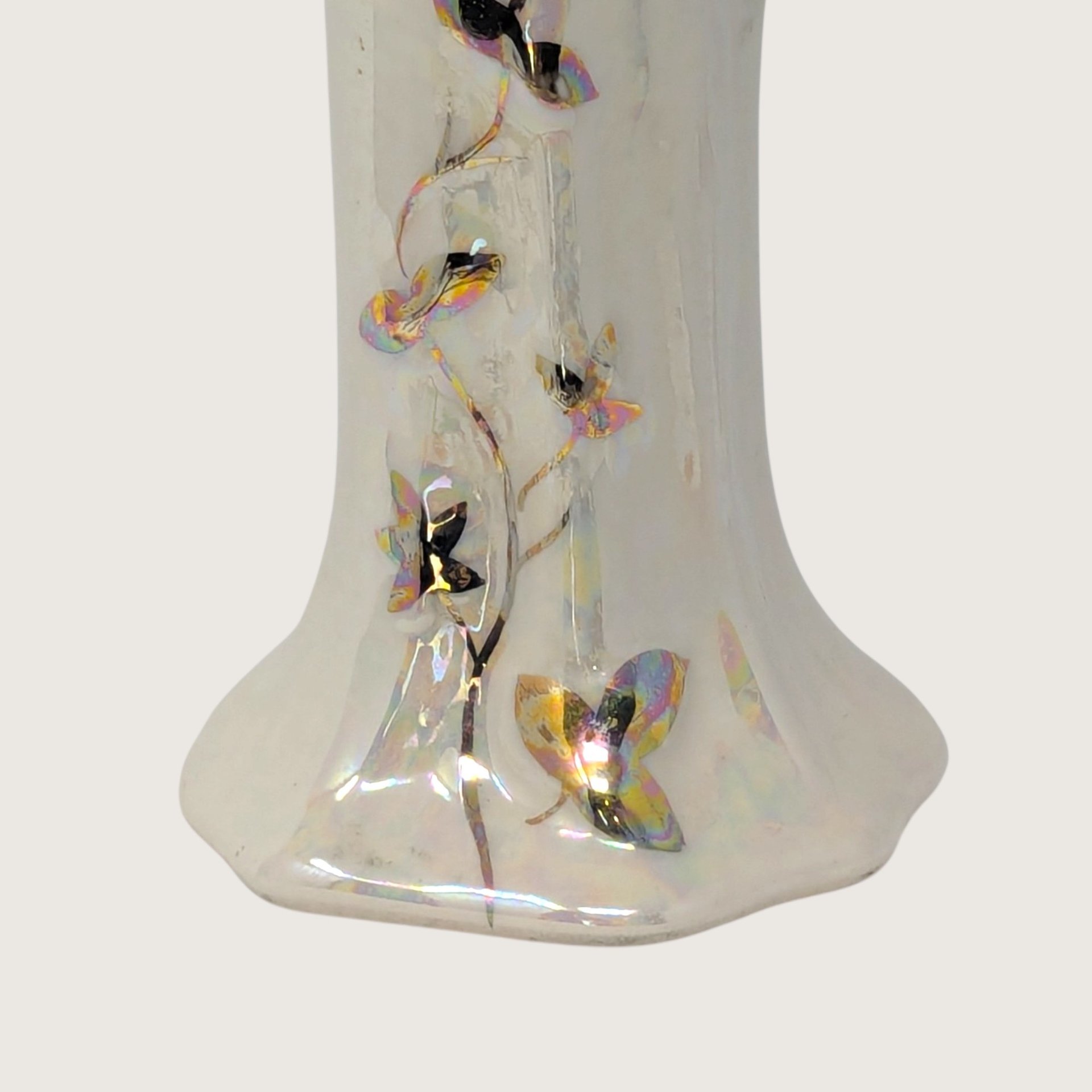 Vintage Iridescent Lusterware Tree Trunk Bud Vase with Gold Squirrel