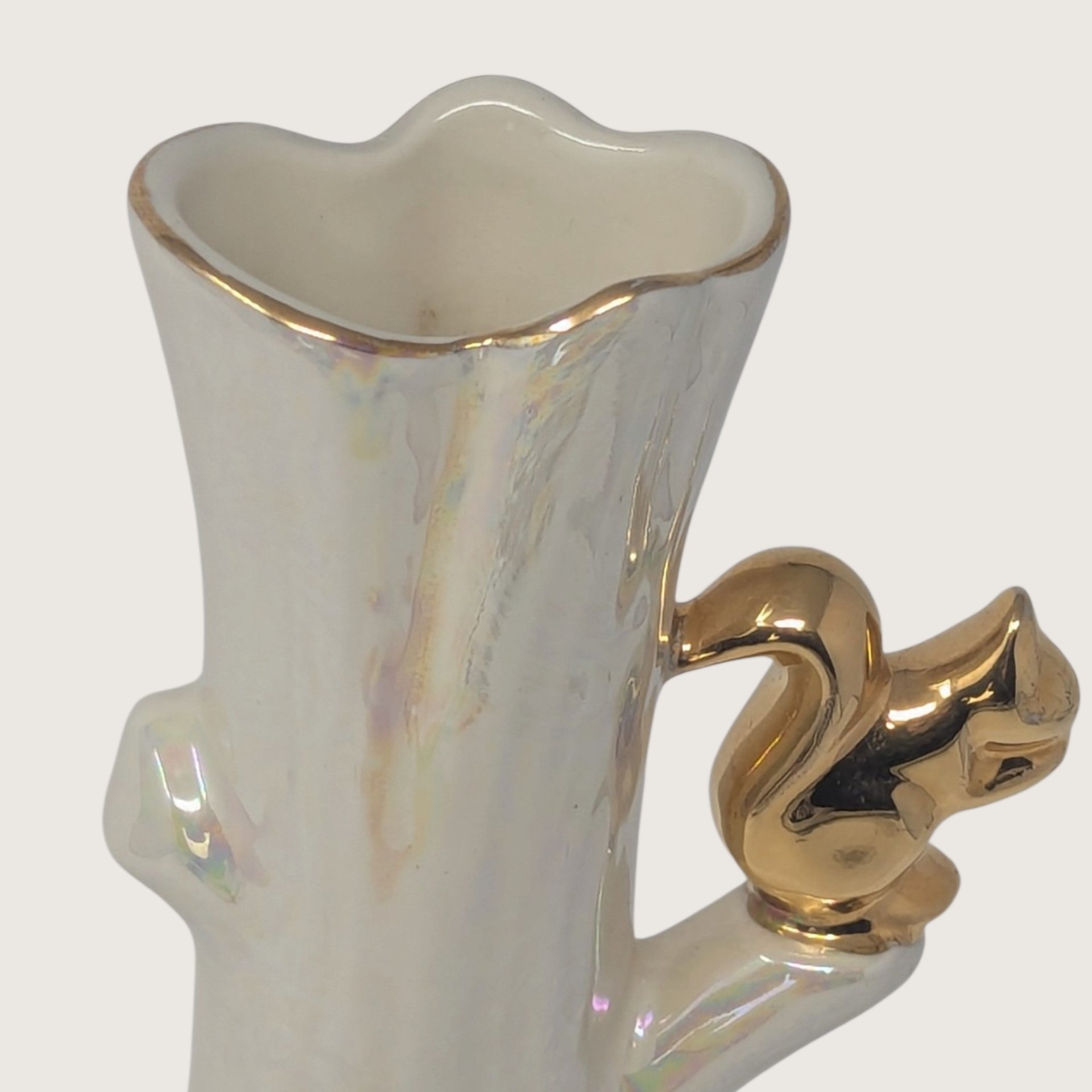 Vintage Iridescent Lusterware Tree Trunk Bud Vase with Gold Squirrel