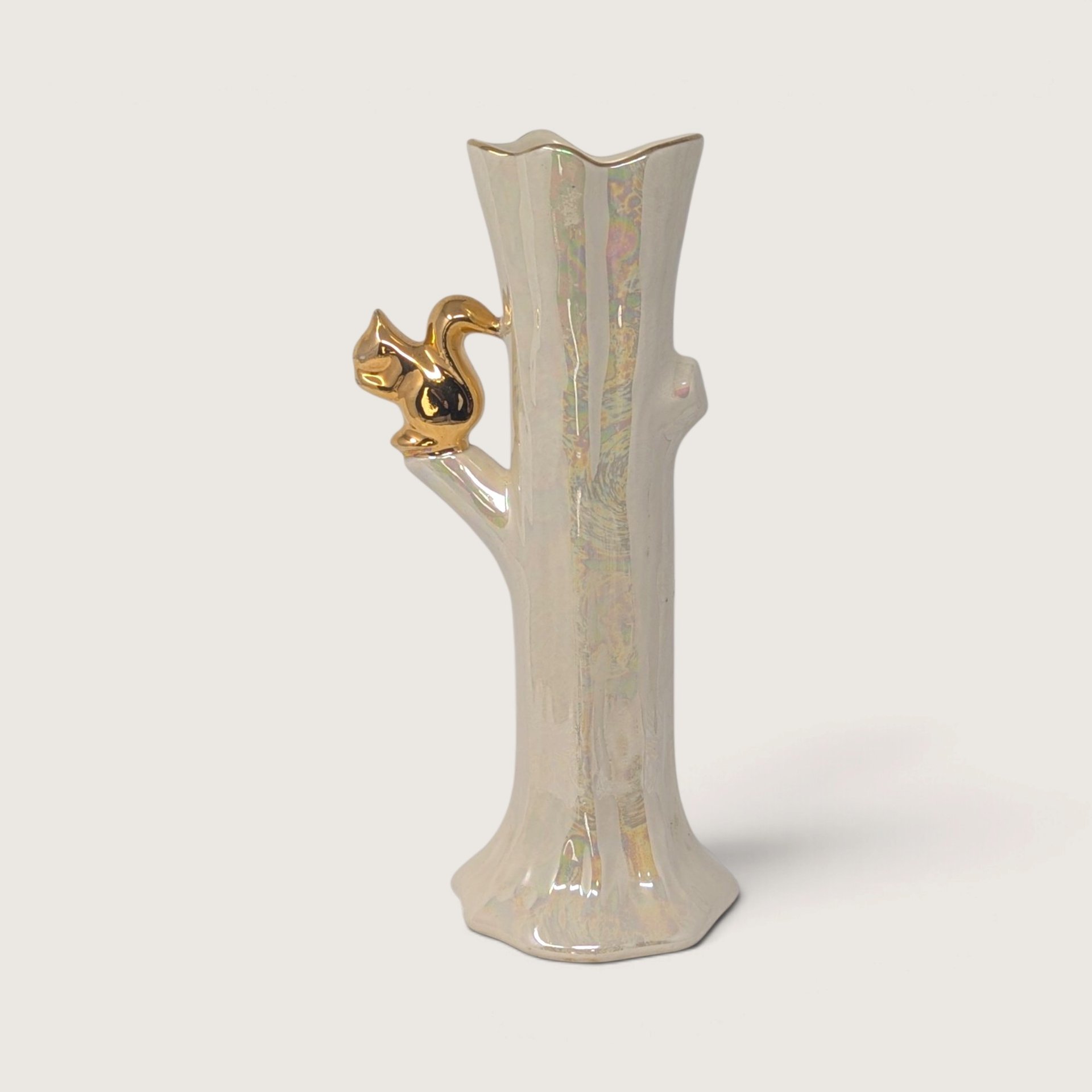 Vintage Iridescent Lusterware Tree Trunk Bud Vase with Gold Squirrel