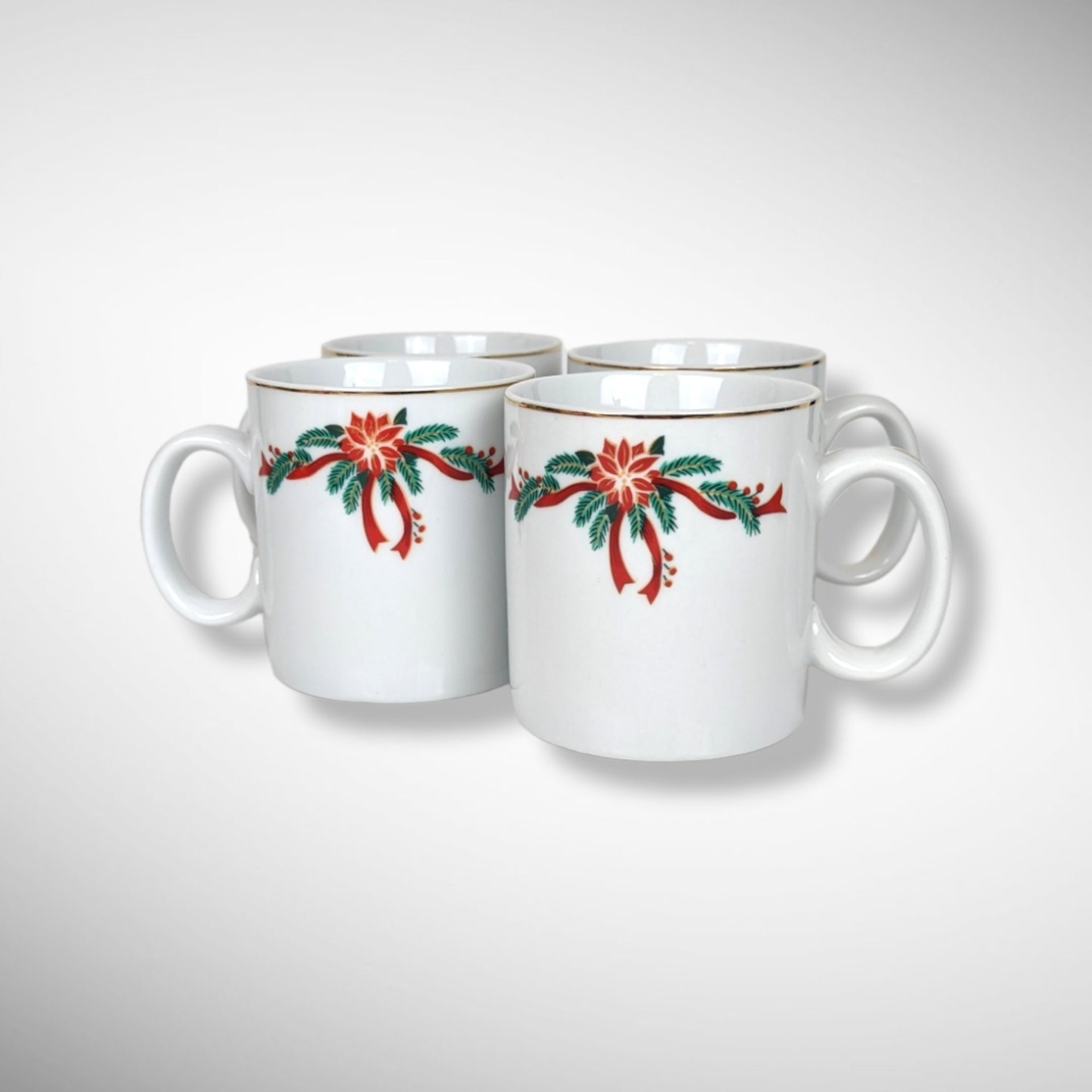 Vintage Set of 4 Poinsettia & Ribbons Fine China 12oz Mugs