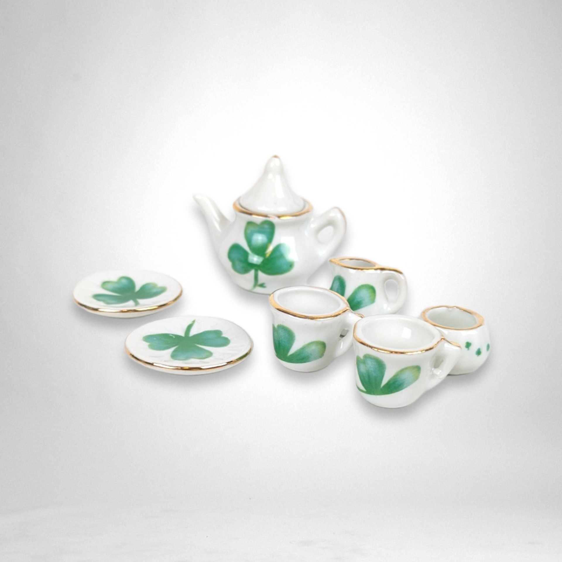 Delton Product Tiny Fairy Clover Tea Set for 2 with Basket