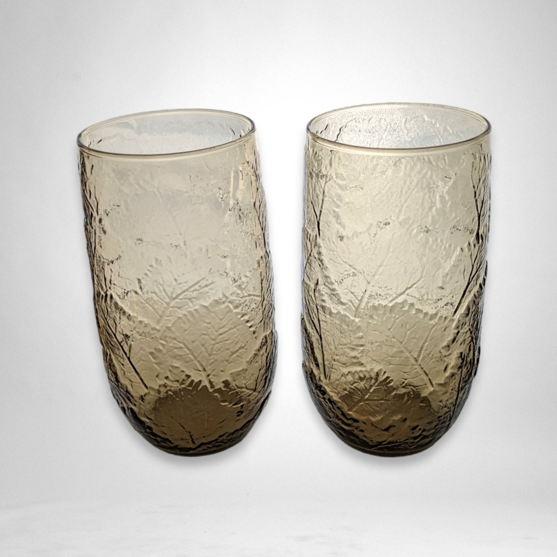 Set of 2 Vintage Anchor Hocking Amber Leaf Pattern Glass Tumblers | 7" Tall | Excellent Condition | Perfect for Iced Tea, Cocktails & More