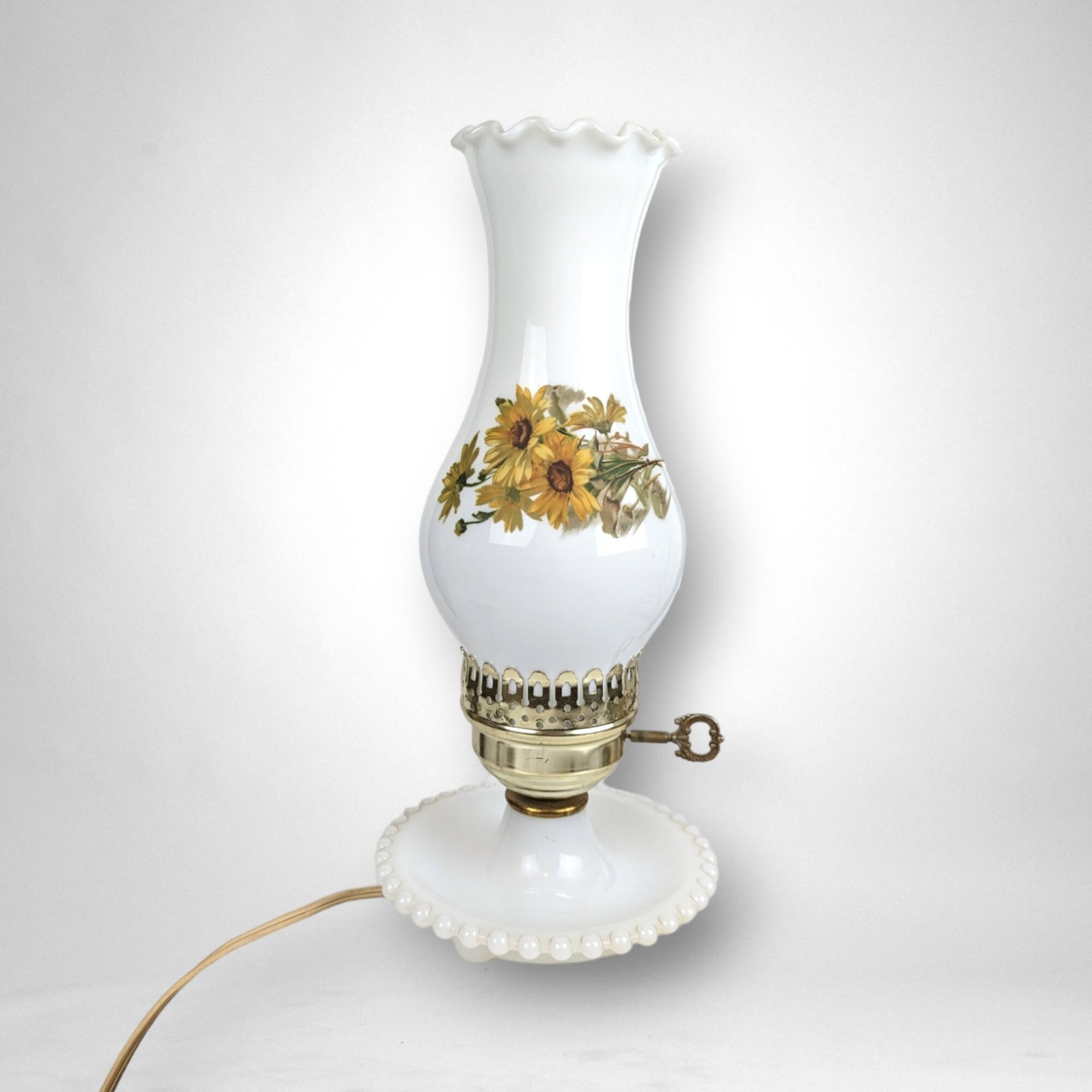 Vintage Milk Glass Hurricane Lamp with Yellow Flowers, 13", Cottagecore Decor
