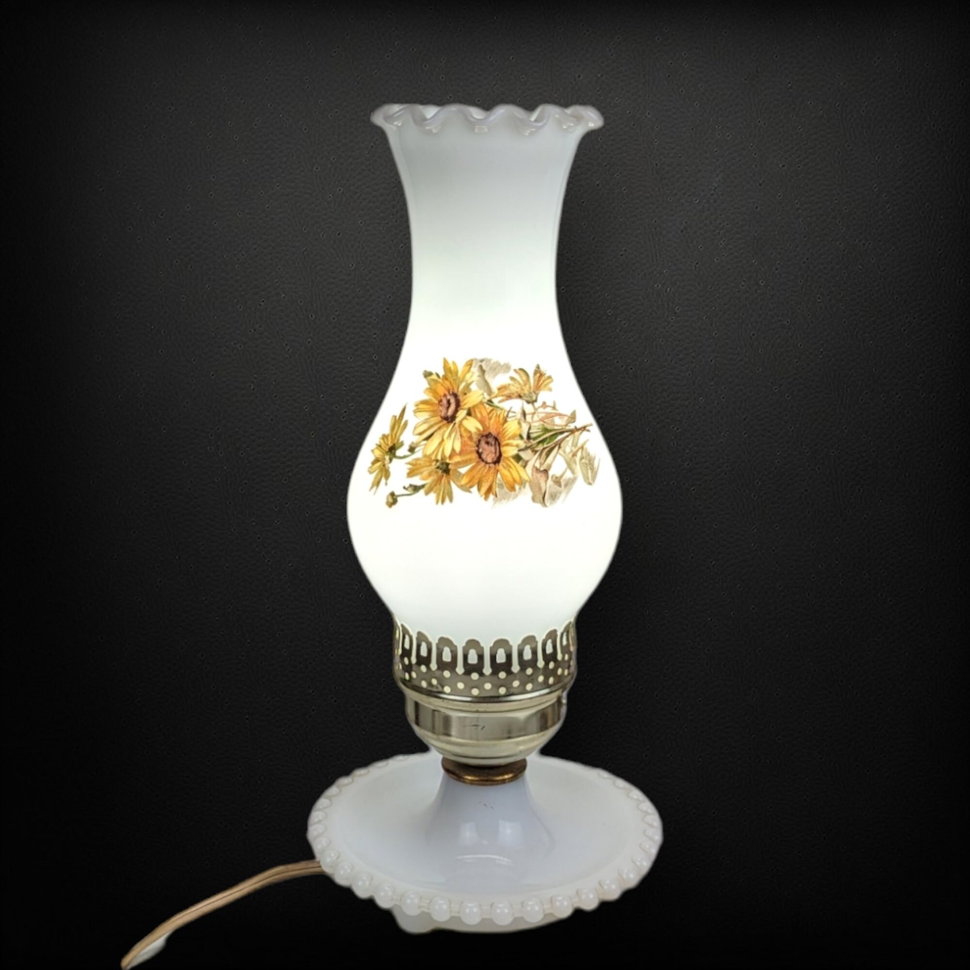 Vintage Milk Glass Hurricane Lamp with Yellow Flowers, 13", Cottagecore Decor