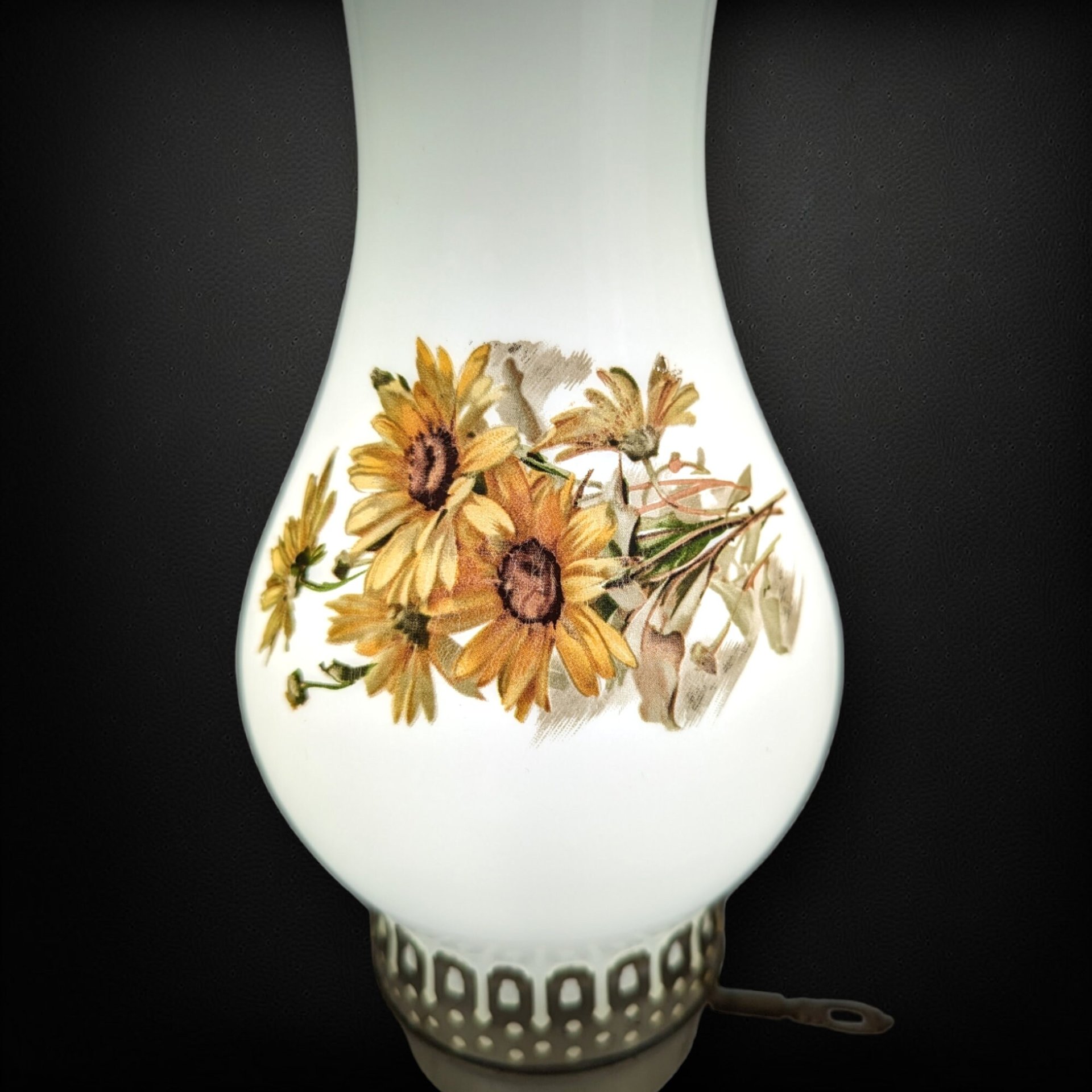 Vintage Milk Glass Hurricane Lamp with Yellow Flowers, 13", Cottagecore Decor