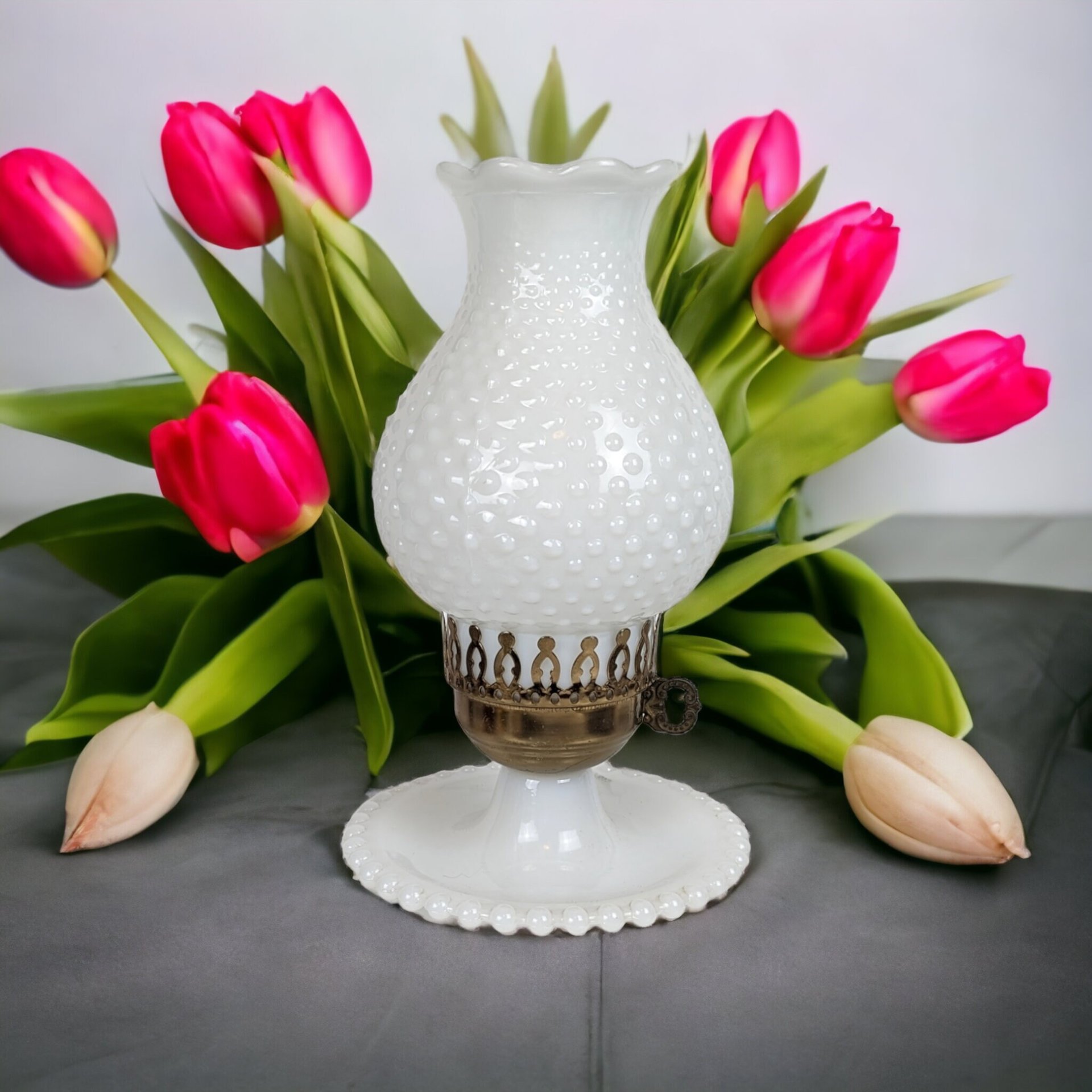Vintage MCM Milk Glass Hobnail Lamp