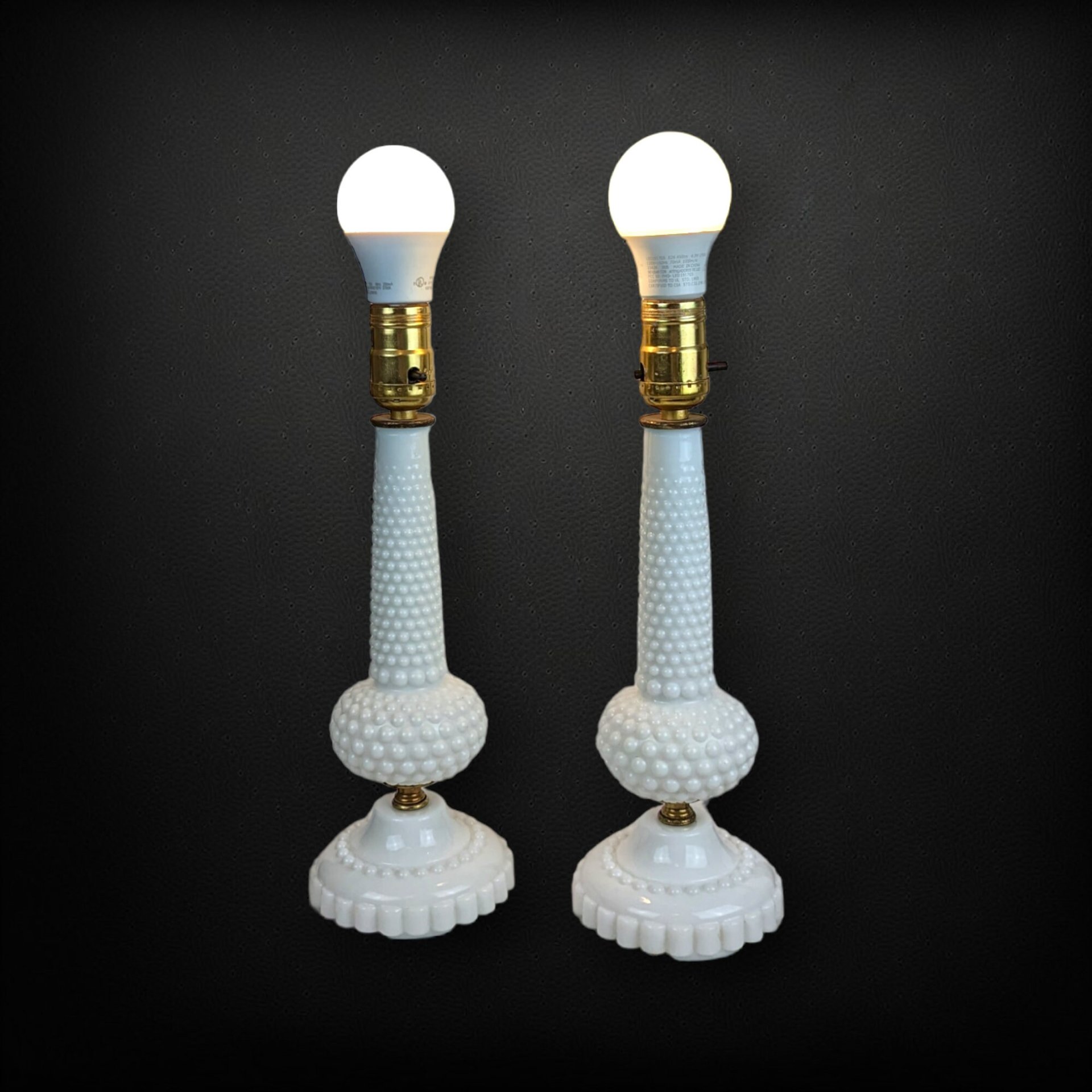 Pair of Vintage Mid Century Milk Glass Hobnail Table Lamps - Shades Not Included