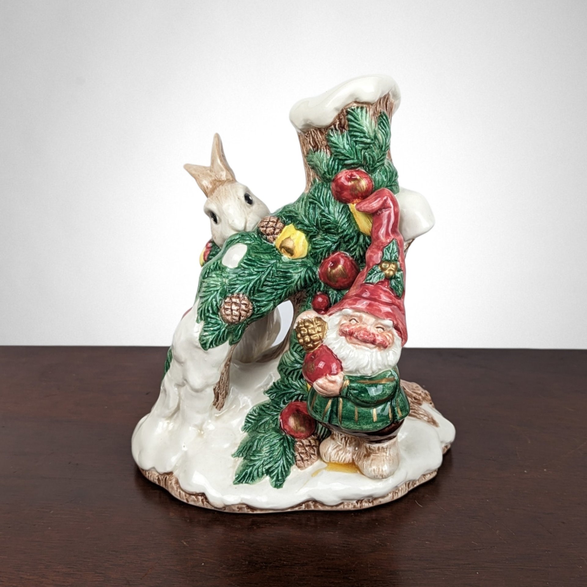 Set of 2 1991 Fitz and Floyd Woodland Santa Candlesticks: Festive Holiday Decor