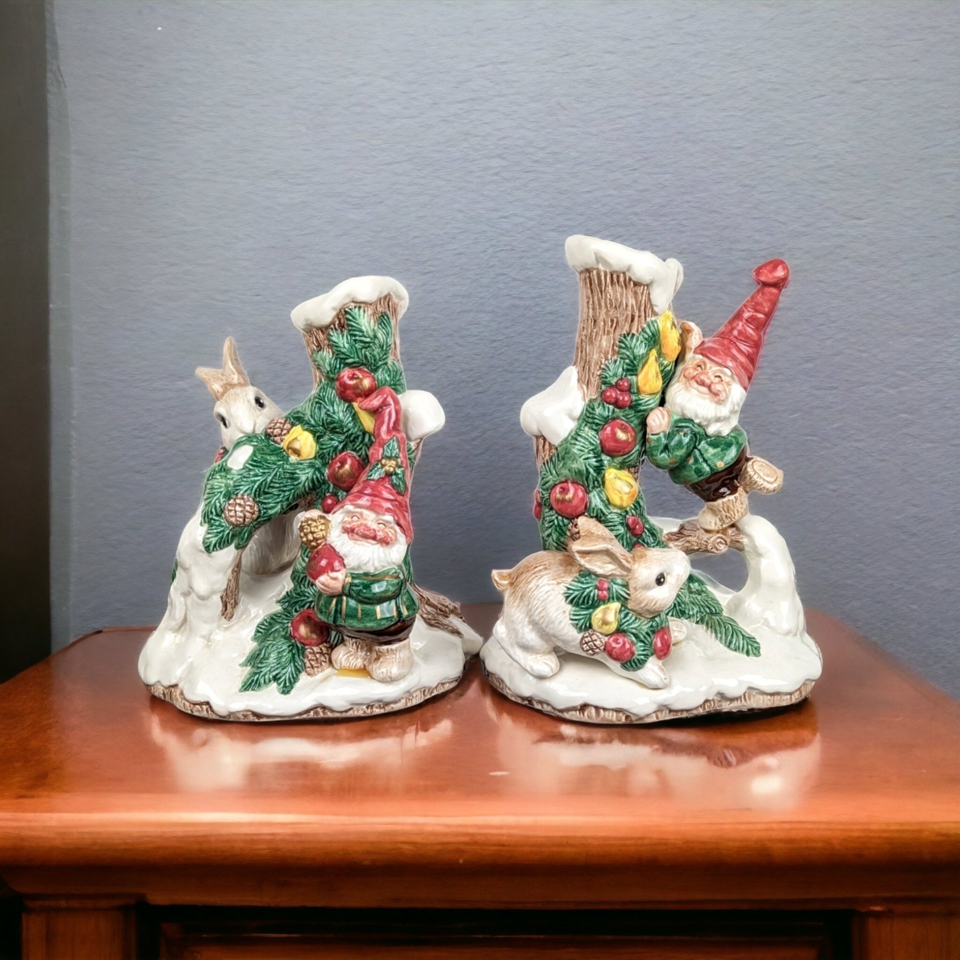 Set of 2 1991 Fitz and Floyd Woodland Santa Candlesticks: Festive Holiday Decor