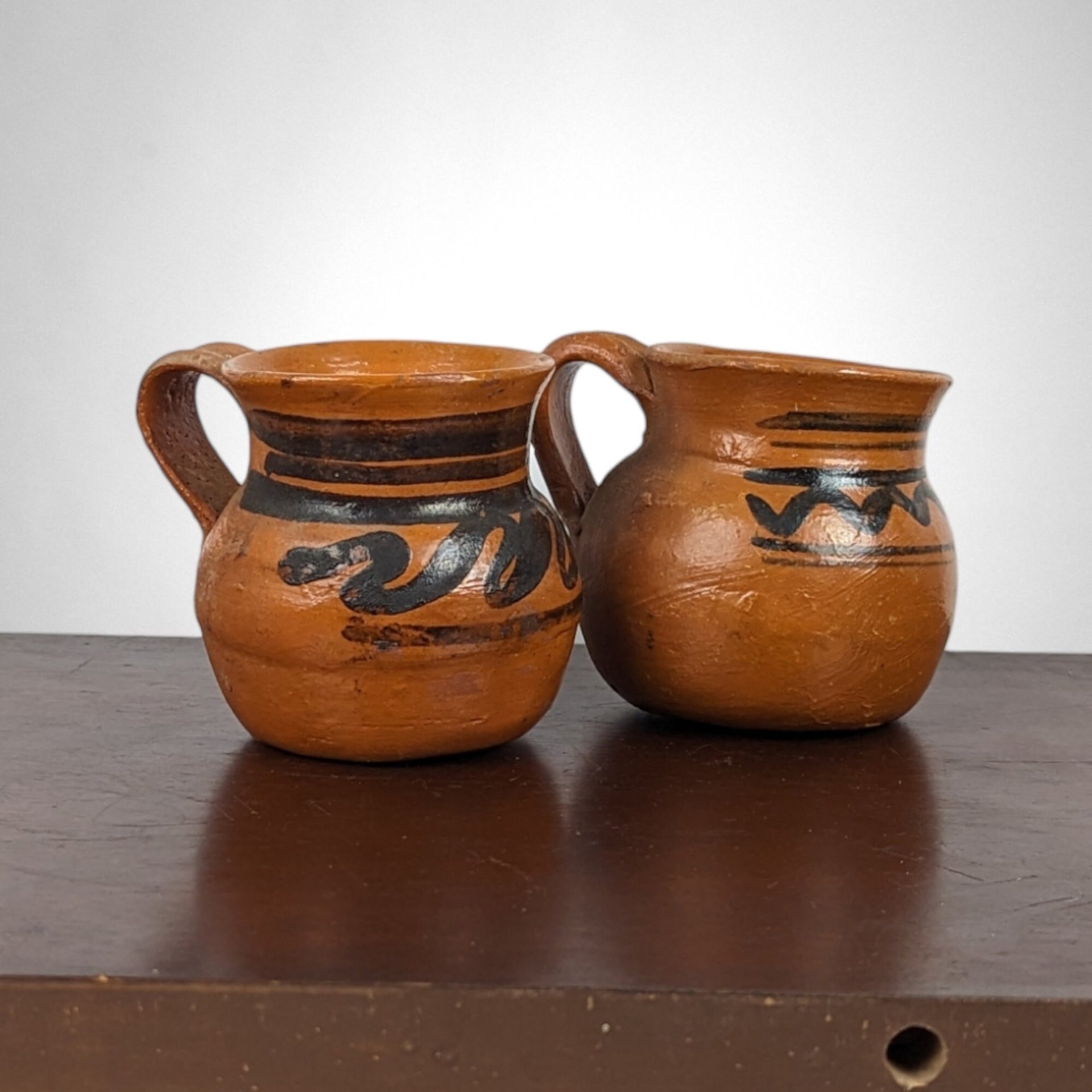 Pair of Vintage Mexican Pottery Mugs with Hand-Painted Designs, Perfect for Home Decor or Gifts