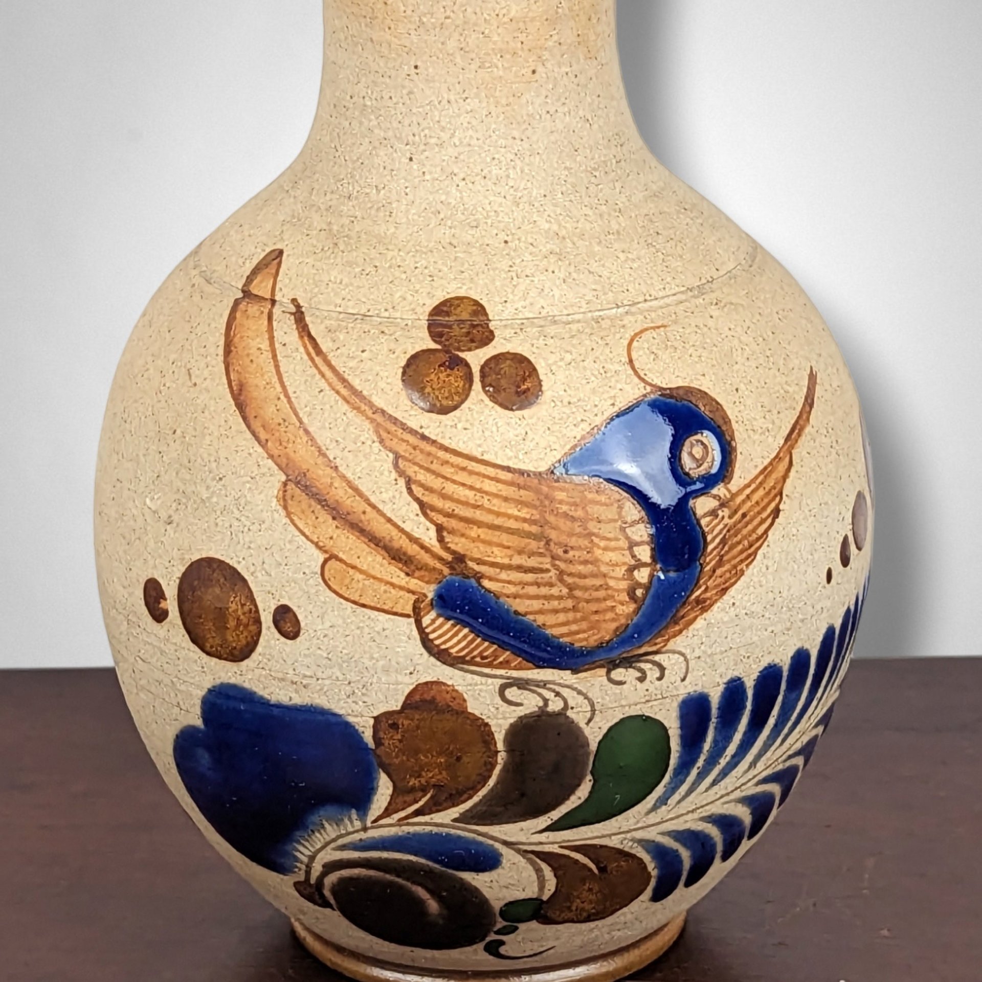 Vintage Tonala Pottery Vase with Hand-Painted Bird | Mexican Folk Art | Rustic Home Decor
