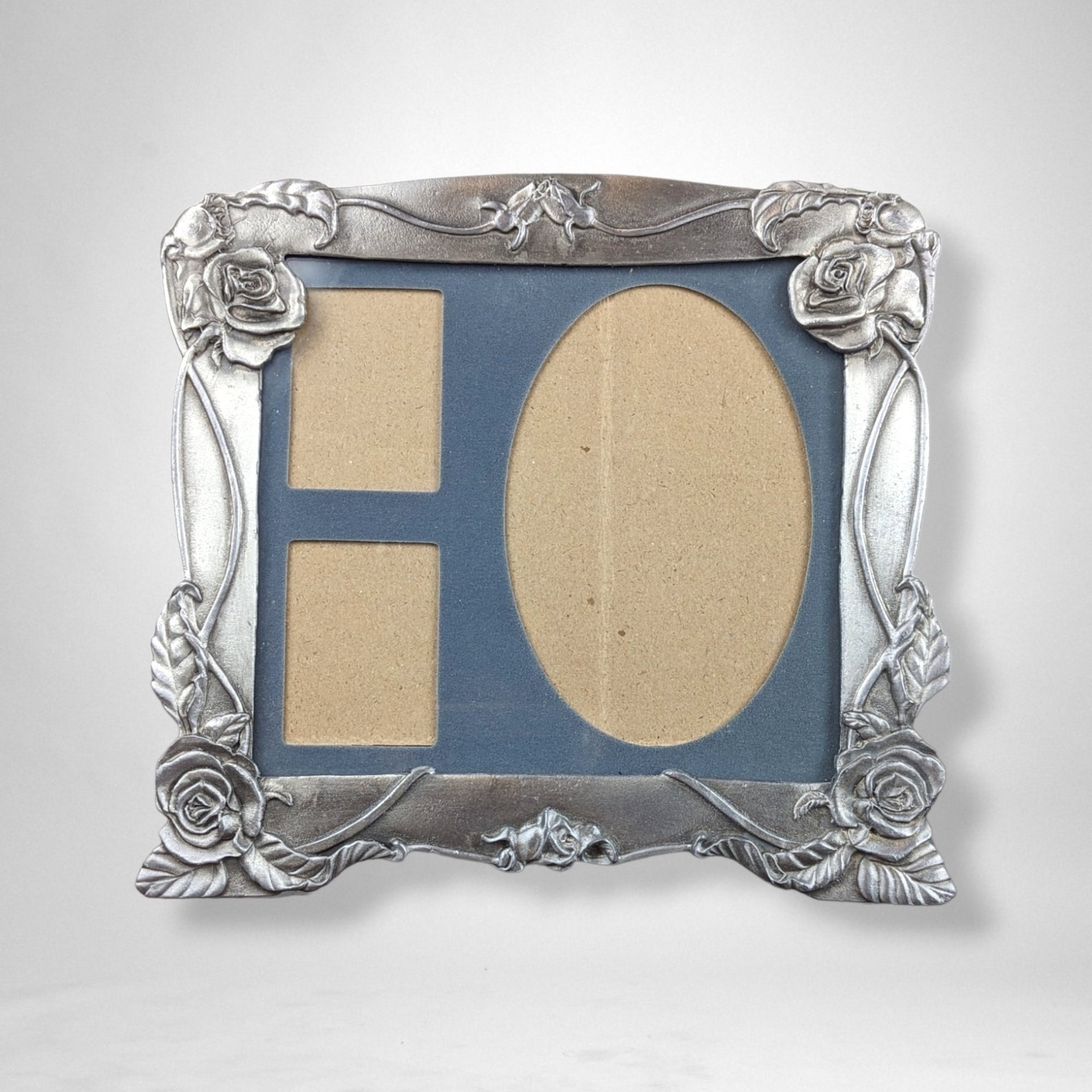Vintage Pewter Collage Photo Frame with Elegant Rose Design